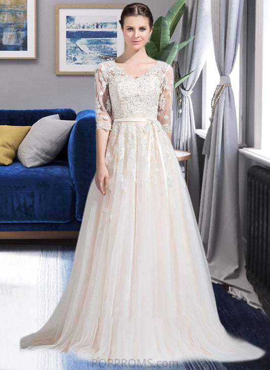 Danica Ball-Gown/Princess V-neck Court Train Tulle Wedding Dress With Beading Appliques Lace Sequins Bow(s) PP6P0013809