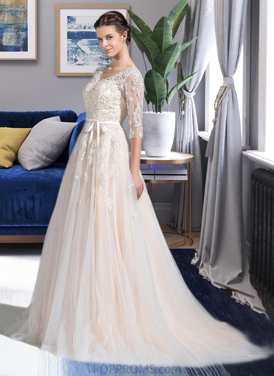 Danica Ball-Gown/Princess V-neck Court Train Tulle Wedding Dress With Beading Appliques Lace Sequins Bow(s) PP6P0013809