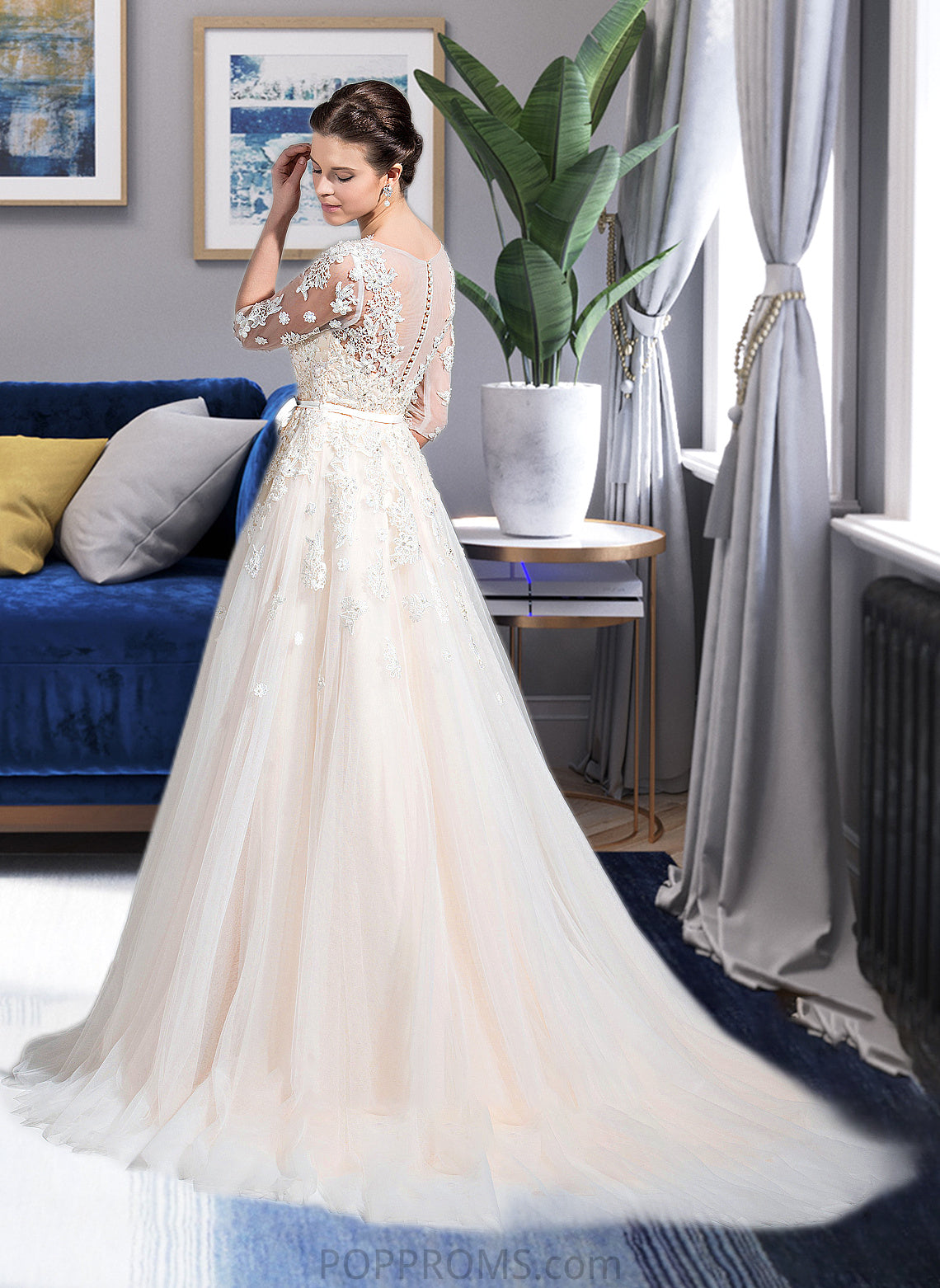 Danica Ball-Gown/Princess V-neck Court Train Tulle Wedding Dress With Beading Appliques Lace Sequins Bow(s) PP6P0013809