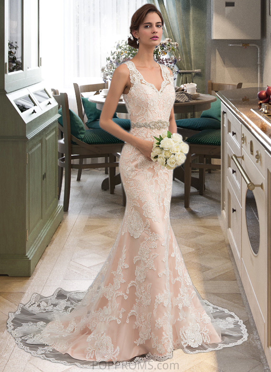 Skylar Trumpet/Mermaid V-neck Chapel Train Tulle Lace Wedding Dress With Beading PP6P0013810