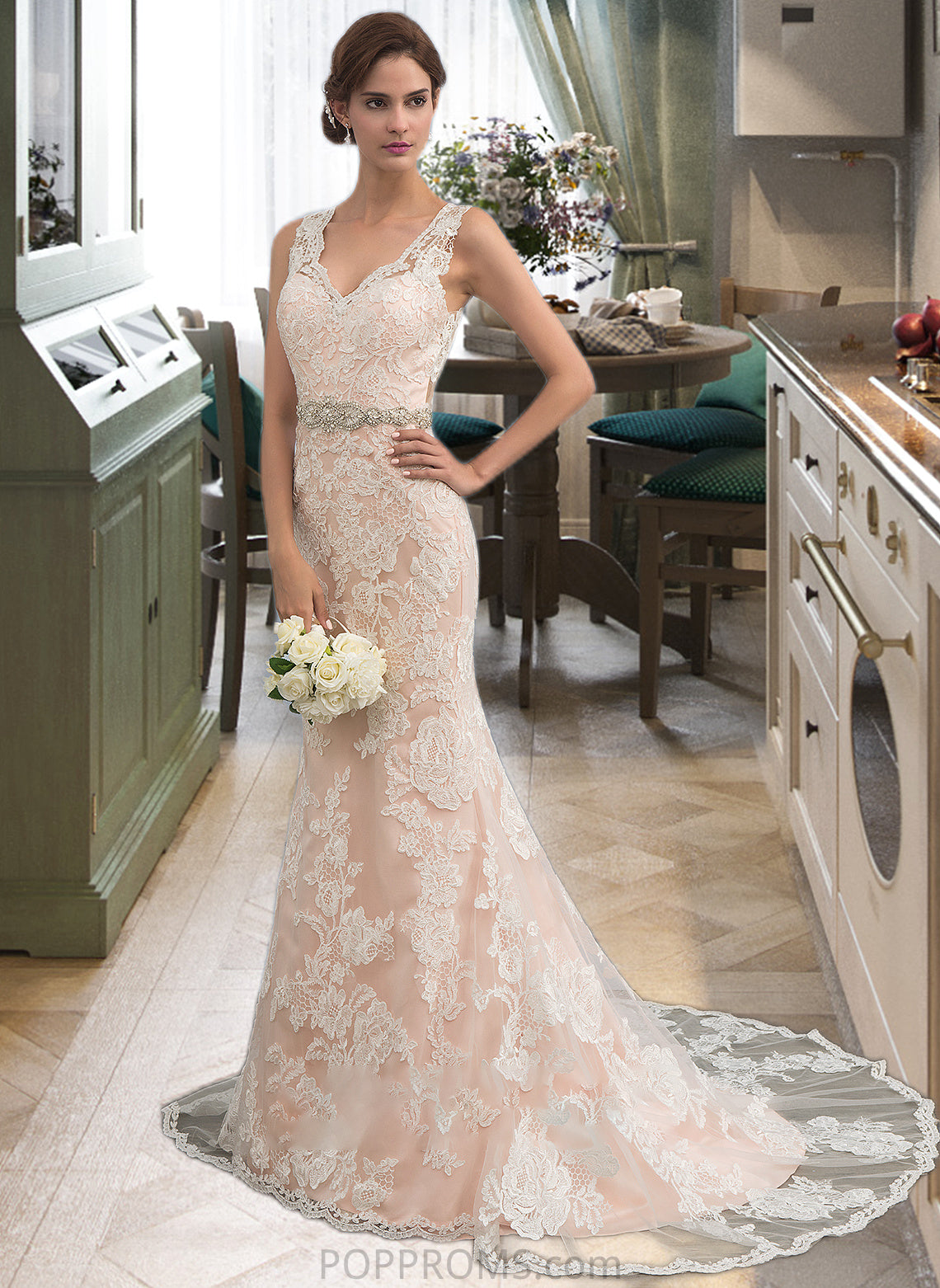 Skylar Trumpet/Mermaid V-neck Chapel Train Tulle Lace Wedding Dress With Beading PP6P0013810