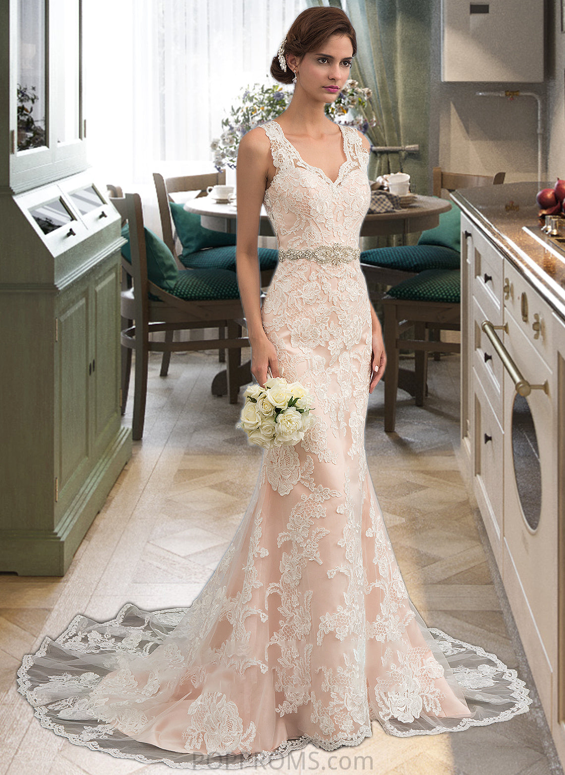 Skylar Trumpet/Mermaid V-neck Chapel Train Tulle Lace Wedding Dress With Beading PP6P0013810