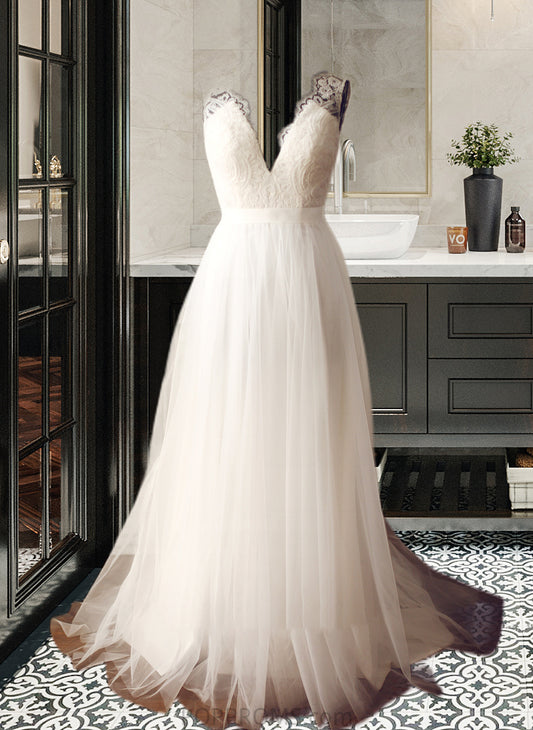 Paisley A-Line V-neck Sweep Train Tulle Wedding Dress PP6P0013812