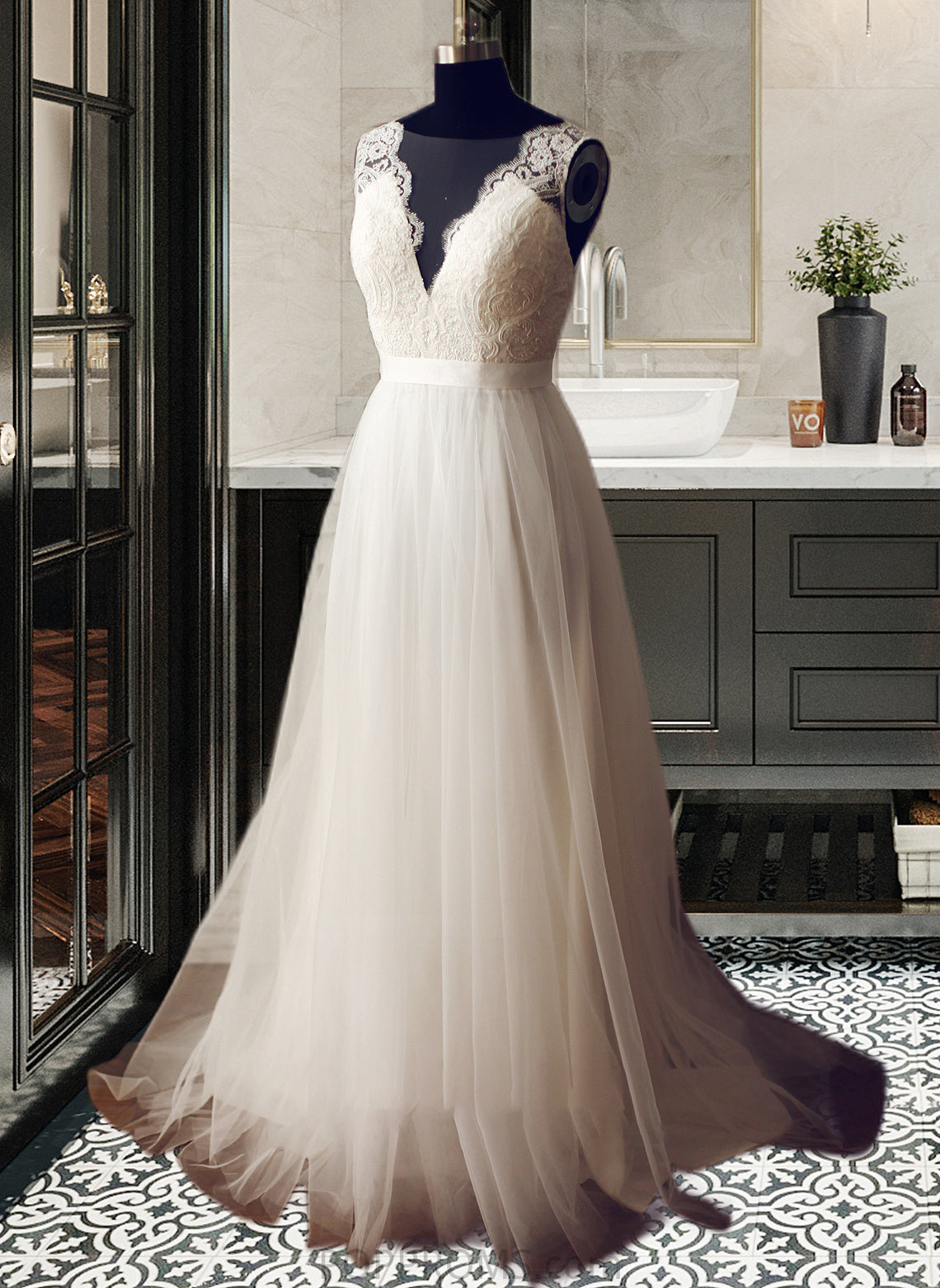 Paisley A-Line V-neck Sweep Train Tulle Wedding Dress PP6P0013812