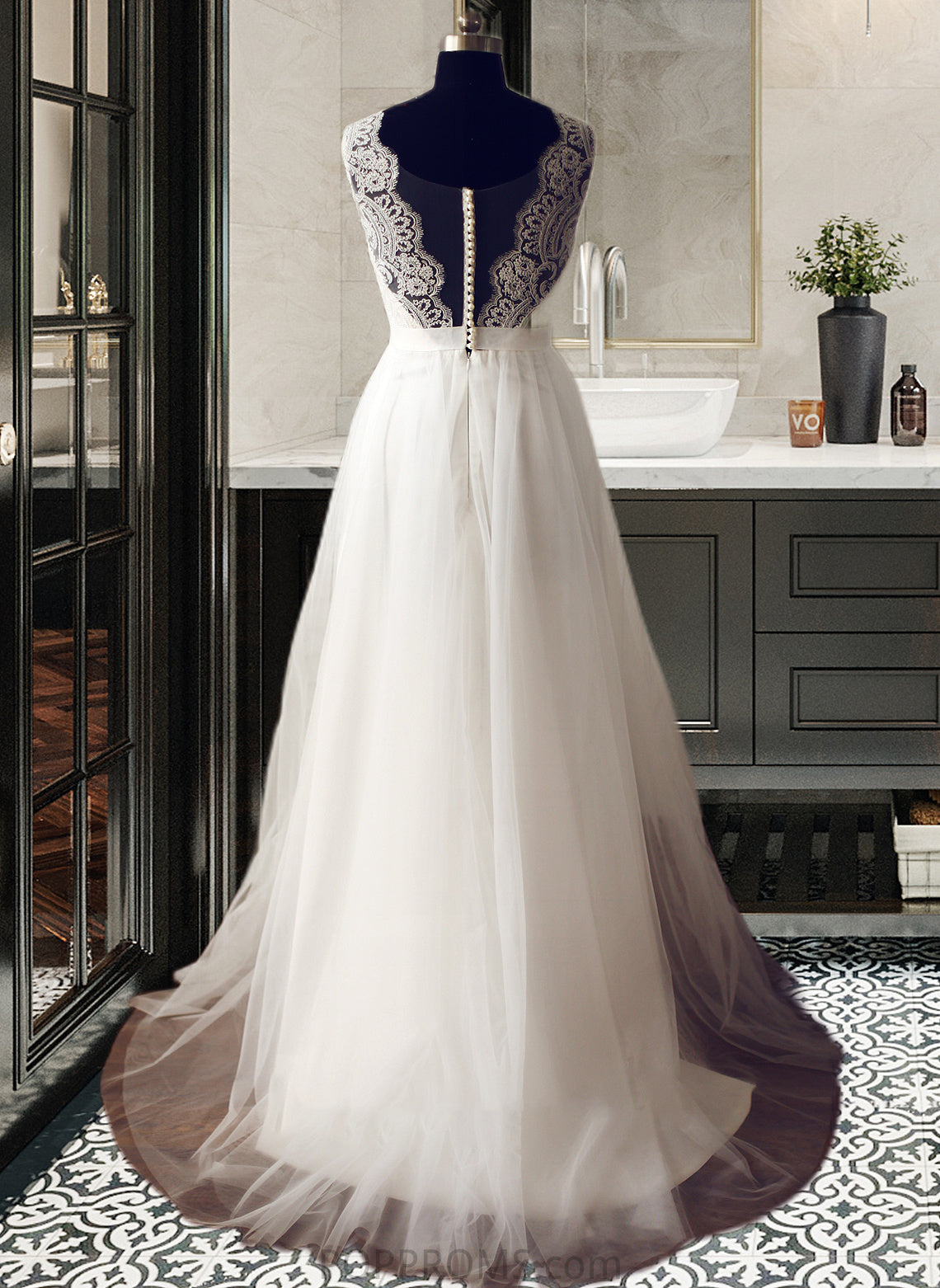 Paisley A-Line V-neck Sweep Train Tulle Wedding Dress PP6P0013812