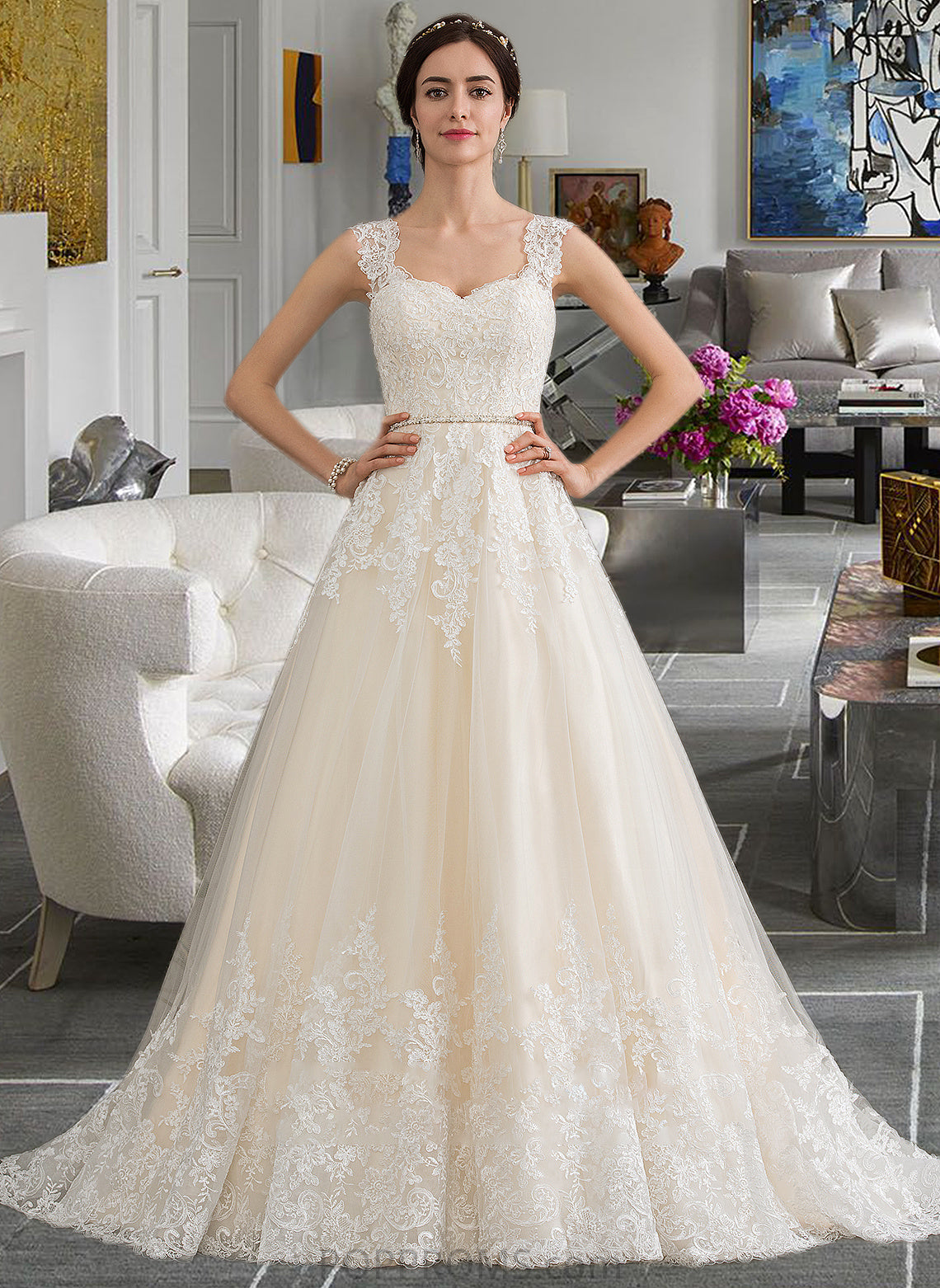 Adrianna Ball-Gown/Princess Sweetheart Court Train Tulle Wedding Dress With Beading Sequins PP6P0013813