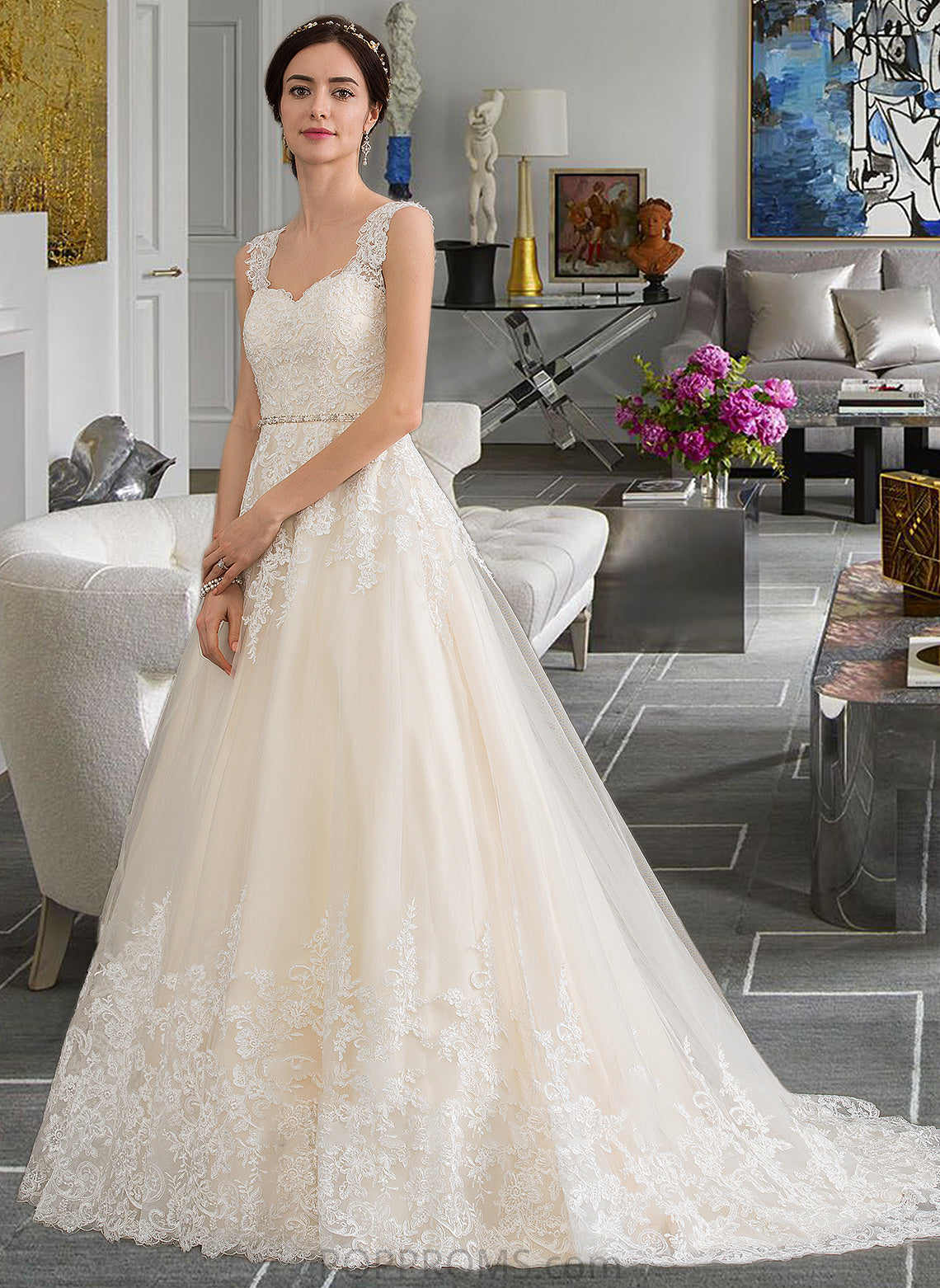 Adrianna Ball-Gown/Princess Sweetheart Court Train Tulle Wedding Dress With Beading Sequins PP6P0013813