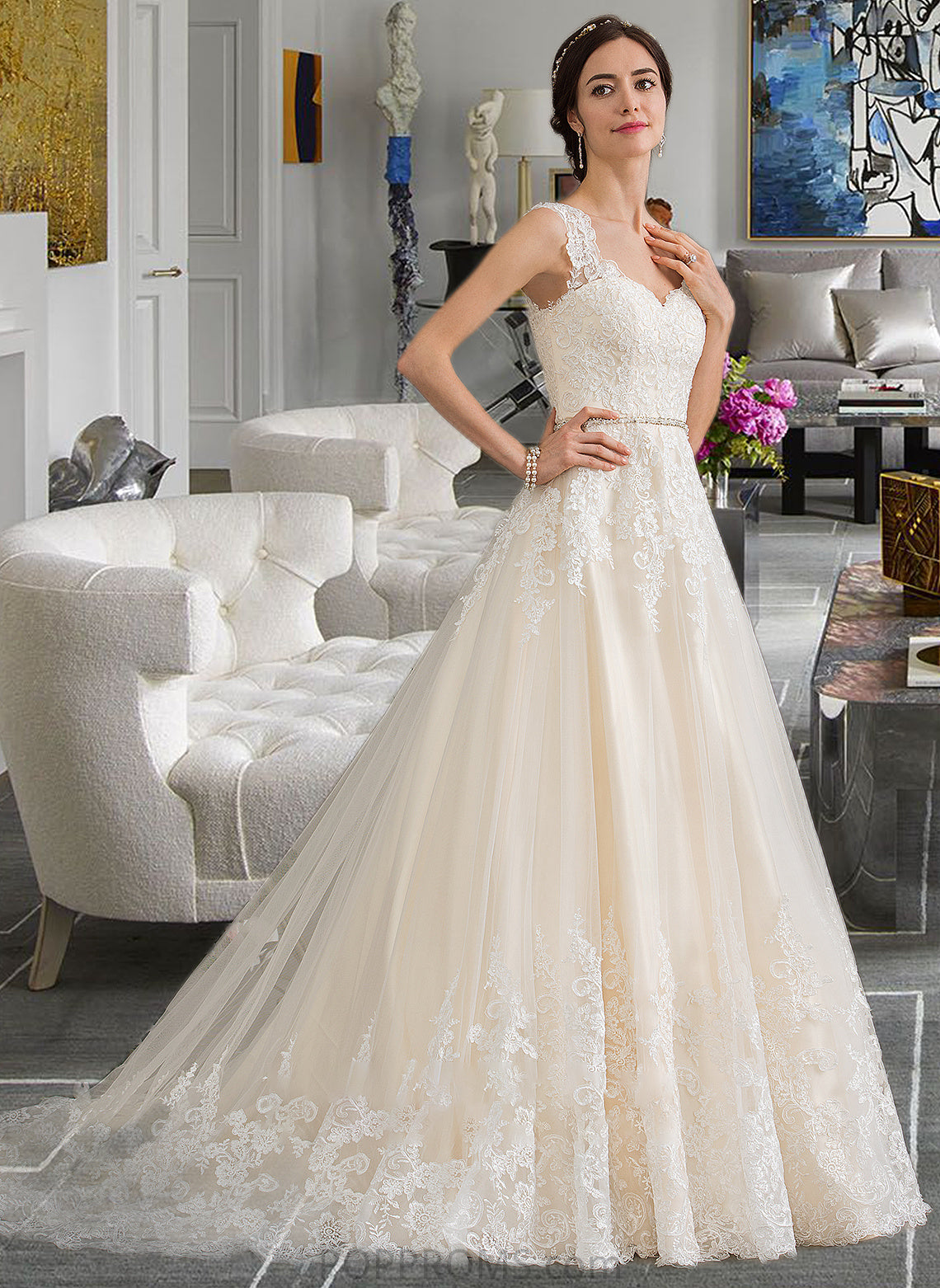 Adrianna Ball-Gown/Princess Sweetheart Court Train Tulle Wedding Dress With Beading Sequins PP6P0013813