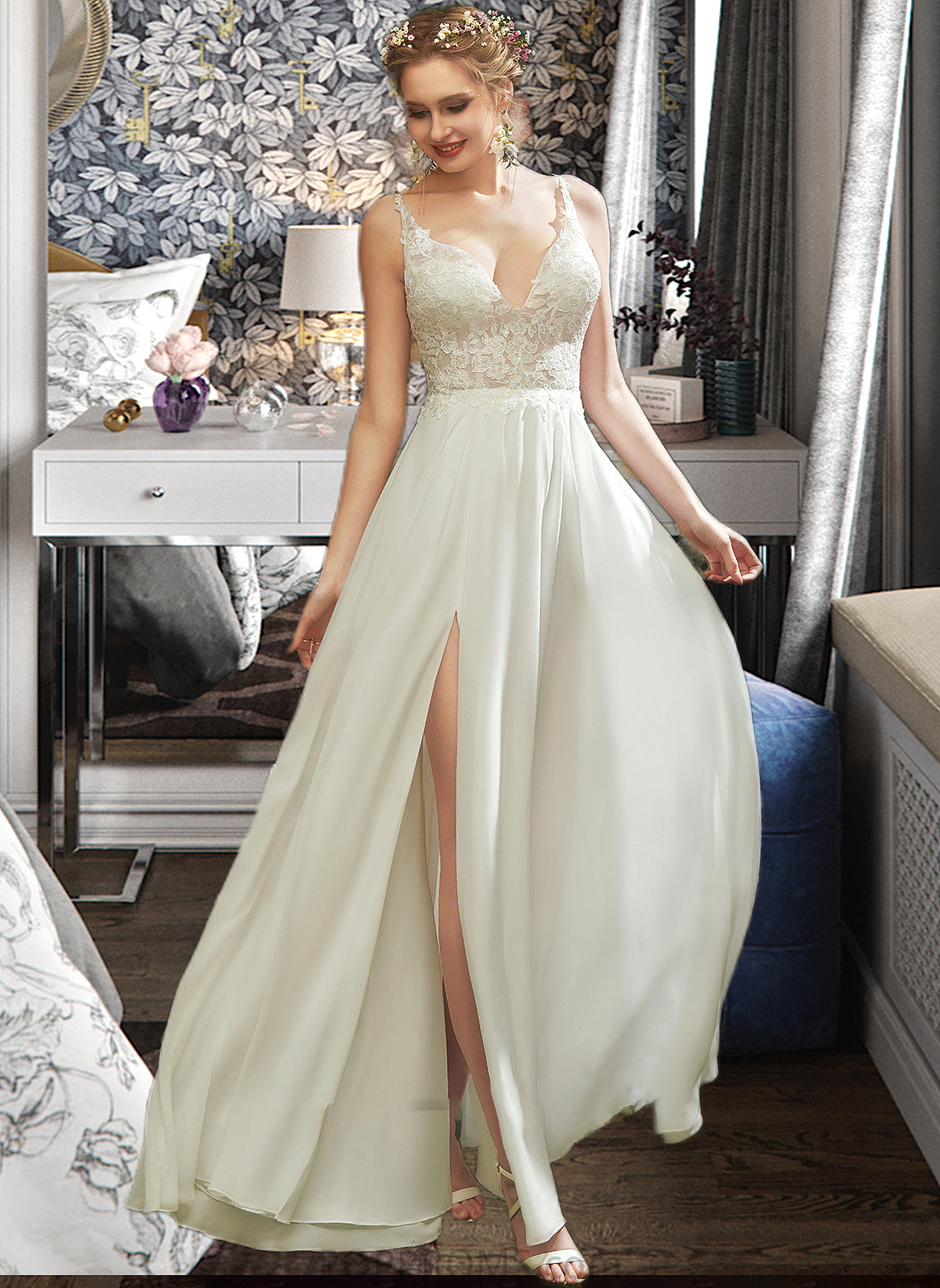 Ariella A-Line V-neck Floor-Length Wedding Dress With Lace Split Front PP6P0013815