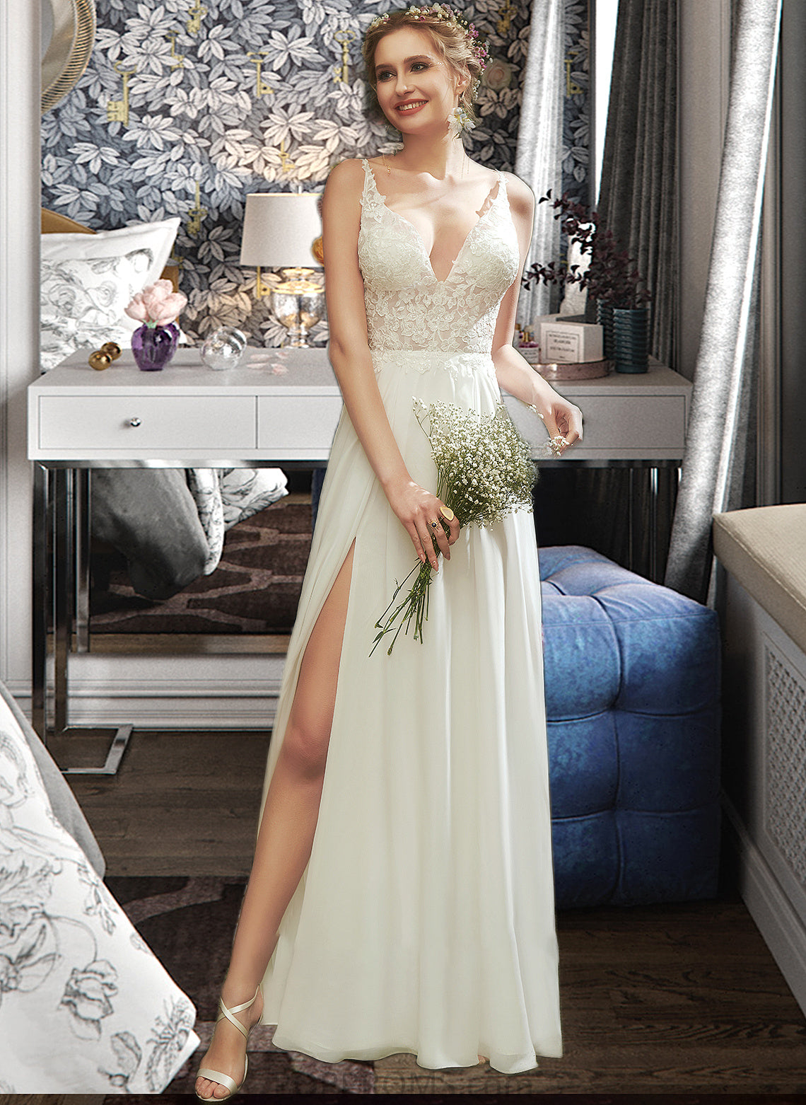 Ariella A-Line V-neck Floor-Length Wedding Dress With Lace Split Front PP6P0013815