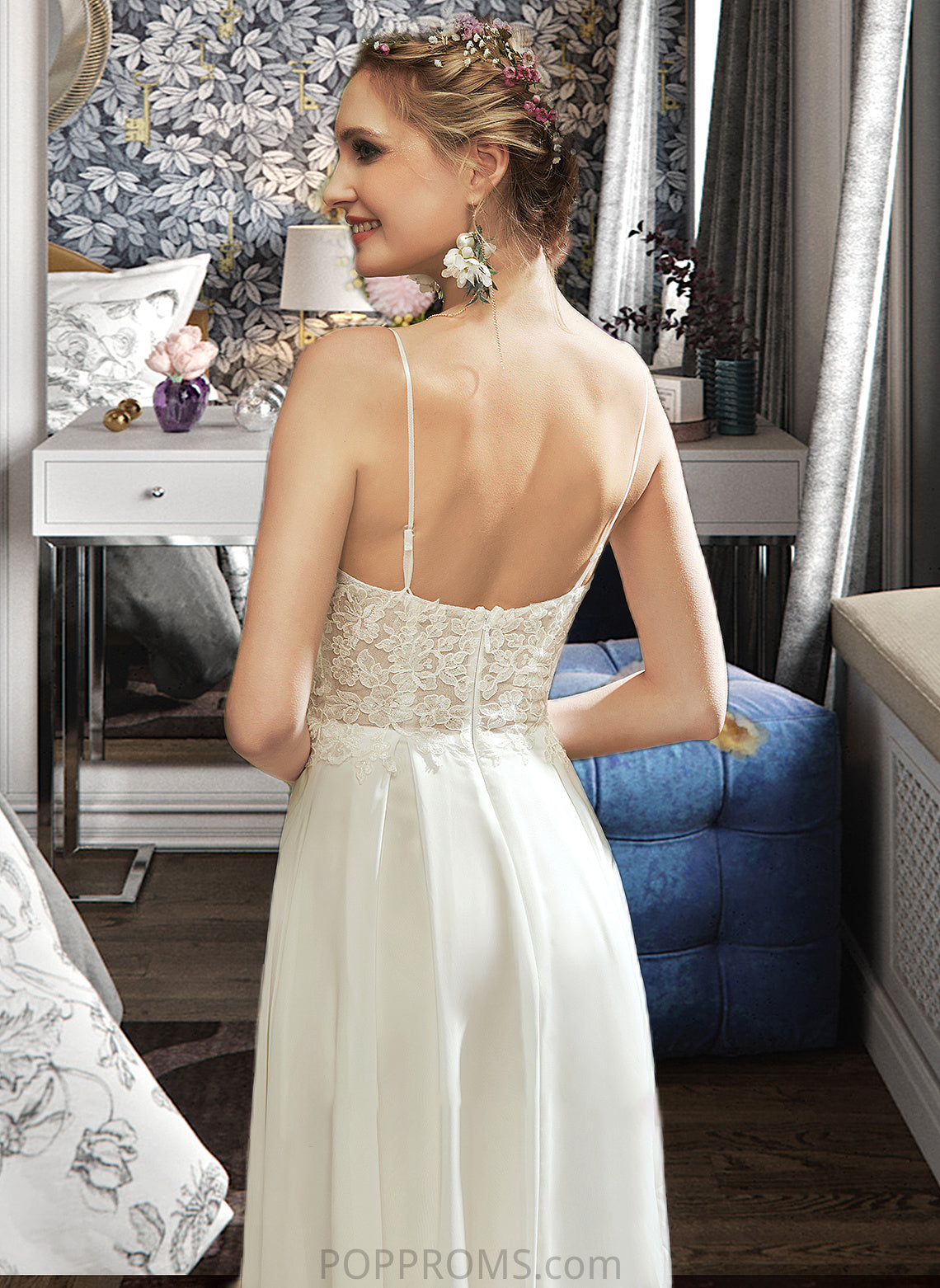 Ariella A-Line V-neck Floor-Length Wedding Dress With Lace Split Front PP6P0013815