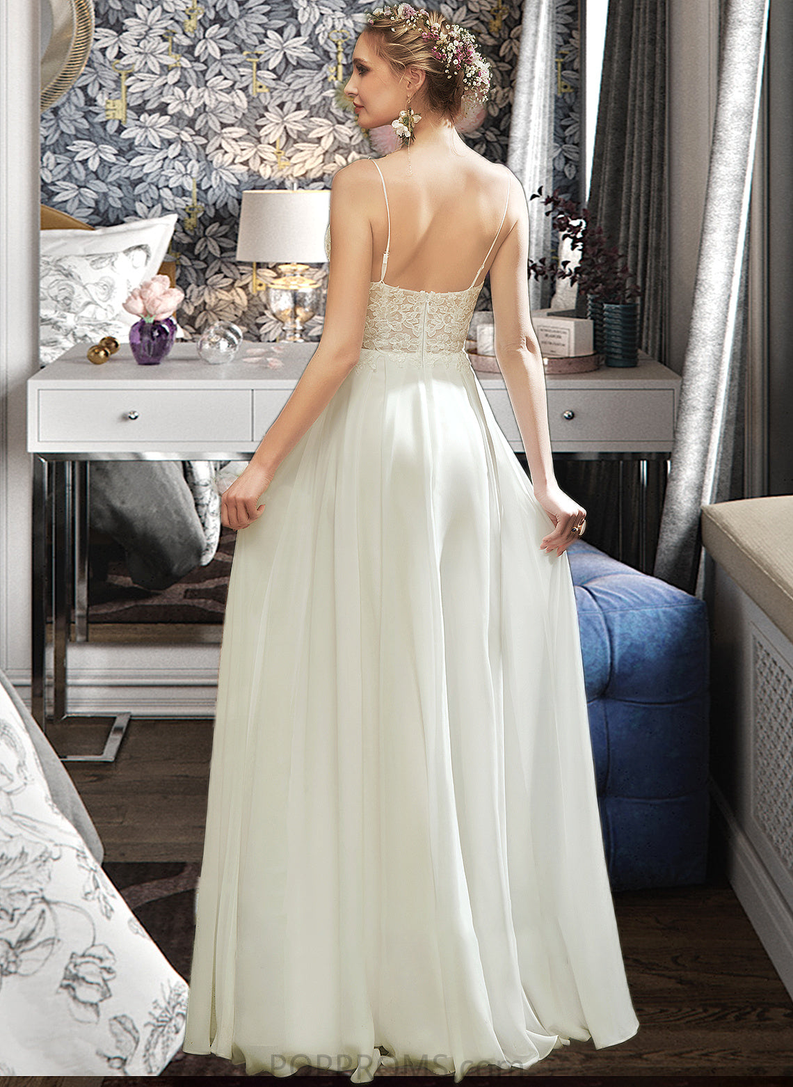 Ariella A-Line V-neck Floor-Length Wedding Dress With Lace Split Front PP6P0013815