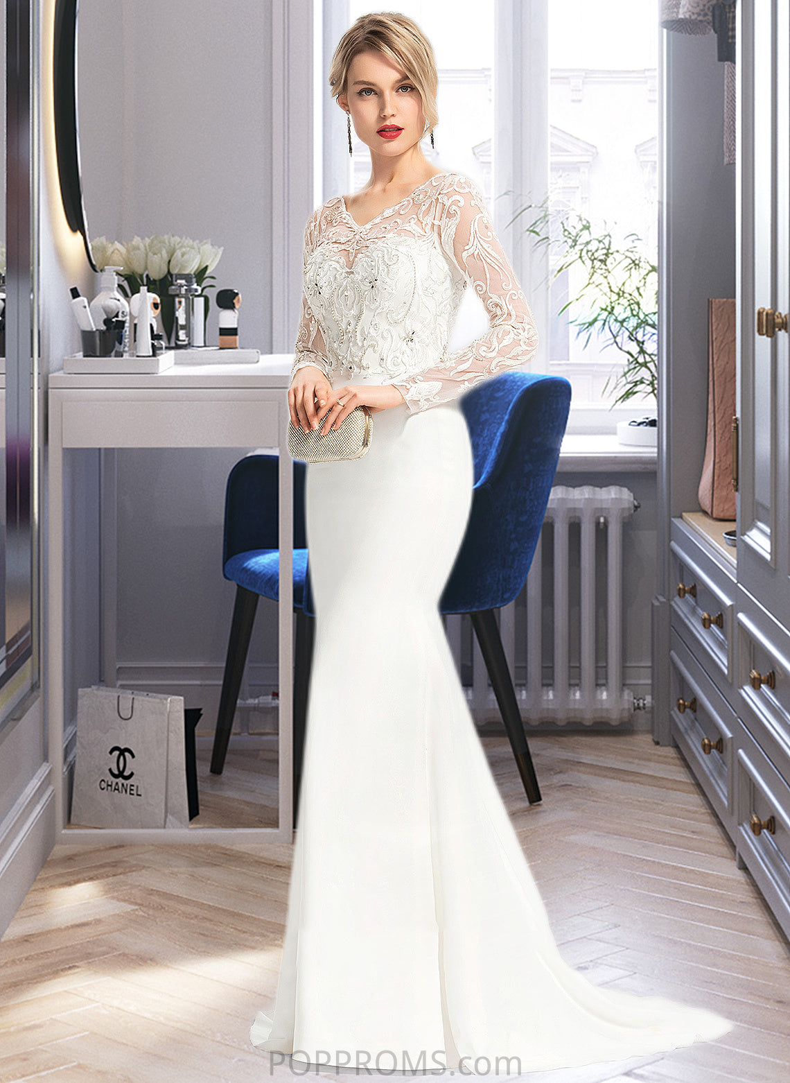 Leyla Trumpet/Mermaid V-neck Sweep Train Stretch Crepe Wedding Dress With Beading Sequins PP6P0013816