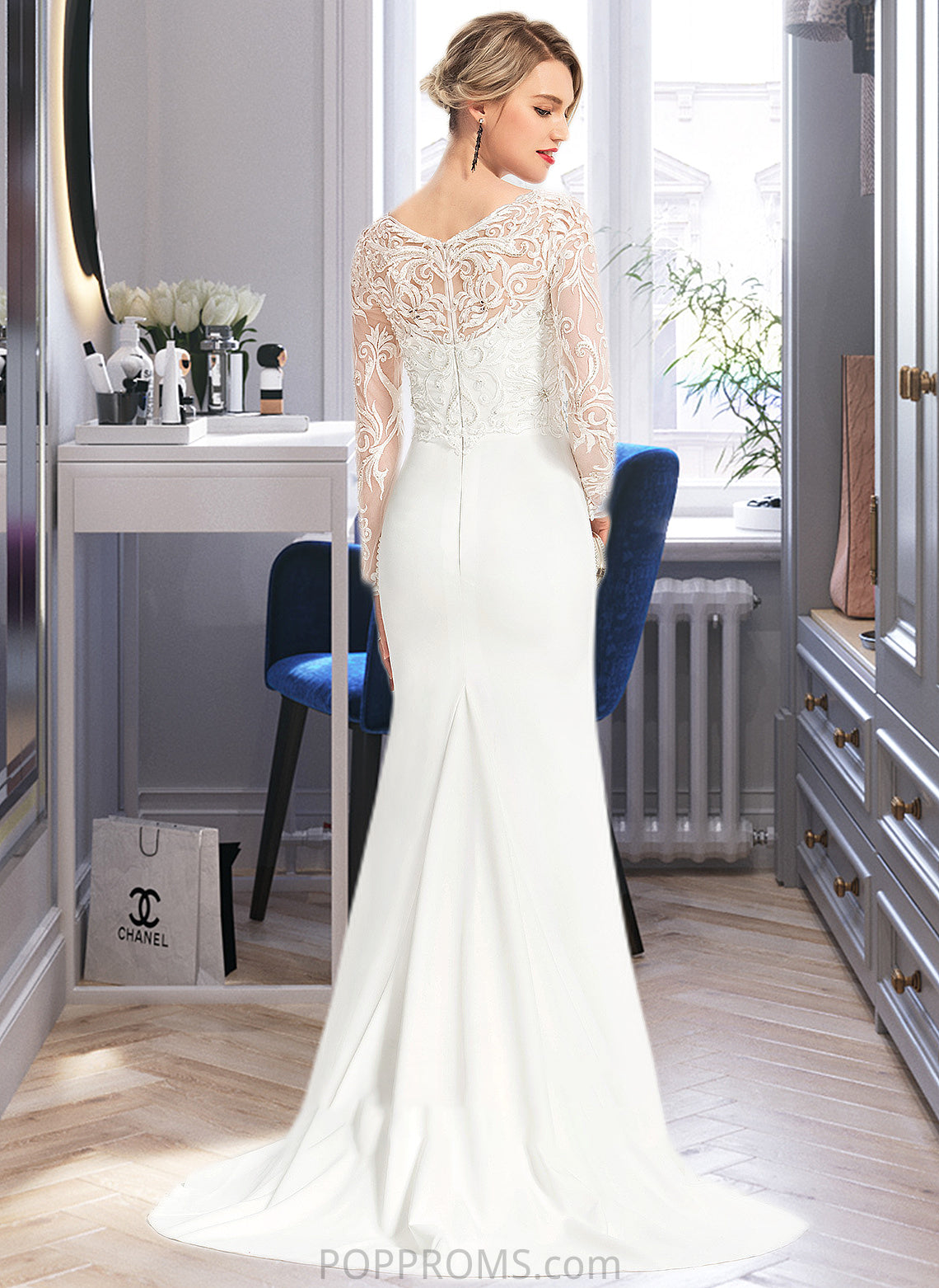 Leyla Trumpet/Mermaid V-neck Sweep Train Stretch Crepe Wedding Dress With Beading Sequins PP6P0013816