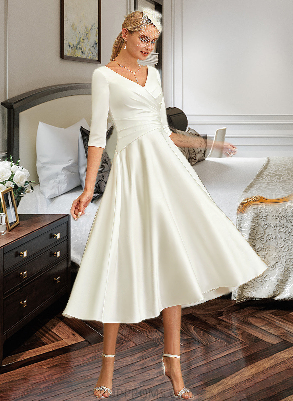 Alexandria A-Line V-neck Tea-Length Satin Wedding Dress PP6P0013817