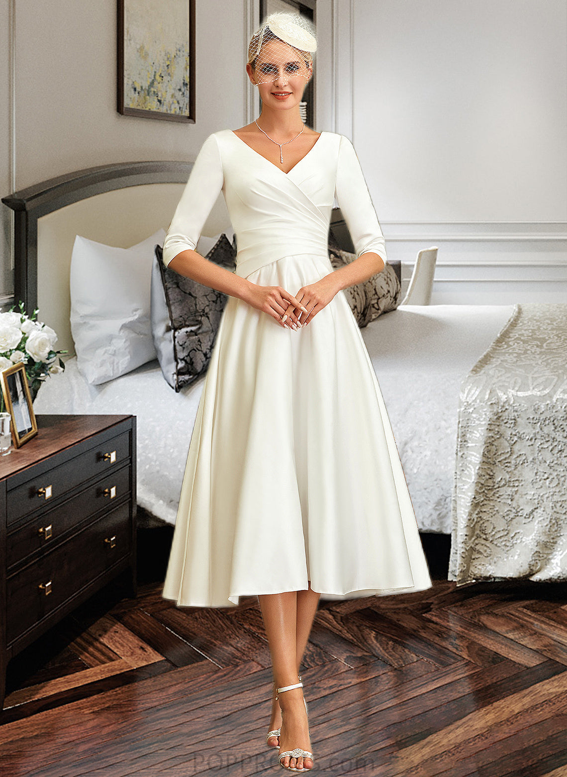 Alexandria A-Line V-neck Tea-Length Satin Wedding Dress PP6P0013817