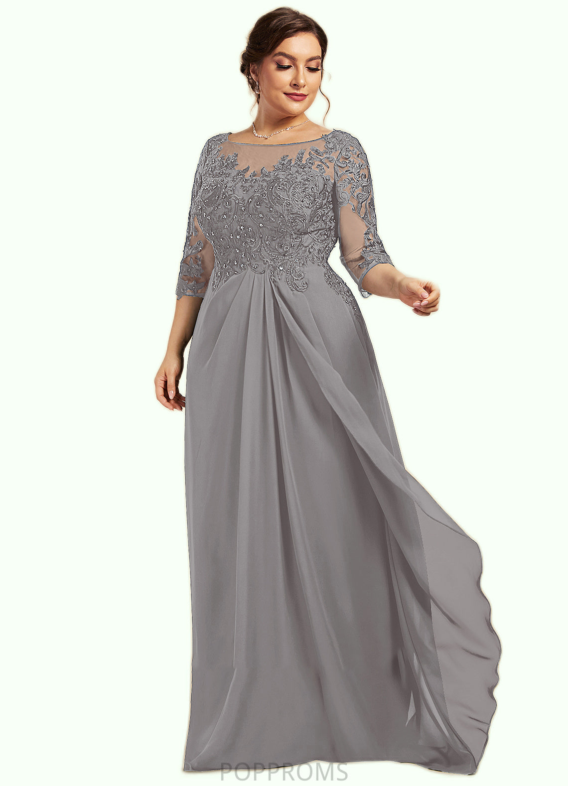 Jade A-Line Scoop Neck Floor-Length Chiffon Lace Mother of the Bride Dress With Beading Sequins Cascading Ruffles PP6126P0014529