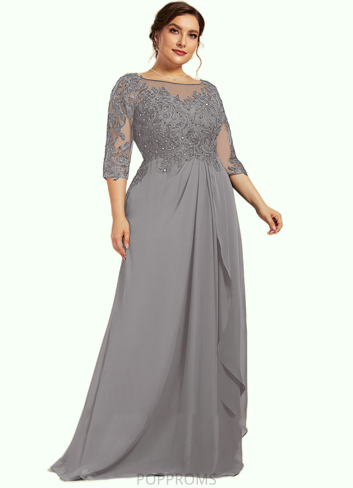 Jade A-Line Scoop Neck Floor-Length Chiffon Lace Mother of the Bride Dress With Beading Sequins Cascading Ruffles PP6126P0014529