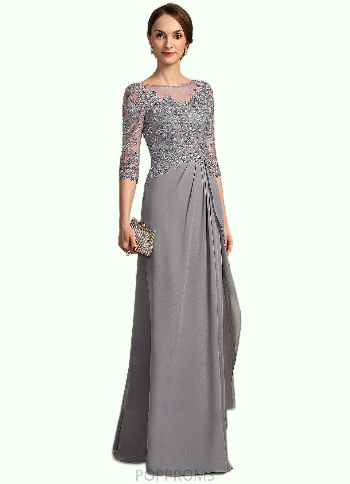 Jade A-Line Scoop Neck Floor-Length Chiffon Lace Mother of the Bride Dress With Beading Sequins Cascading Ruffles PP6126P0014529