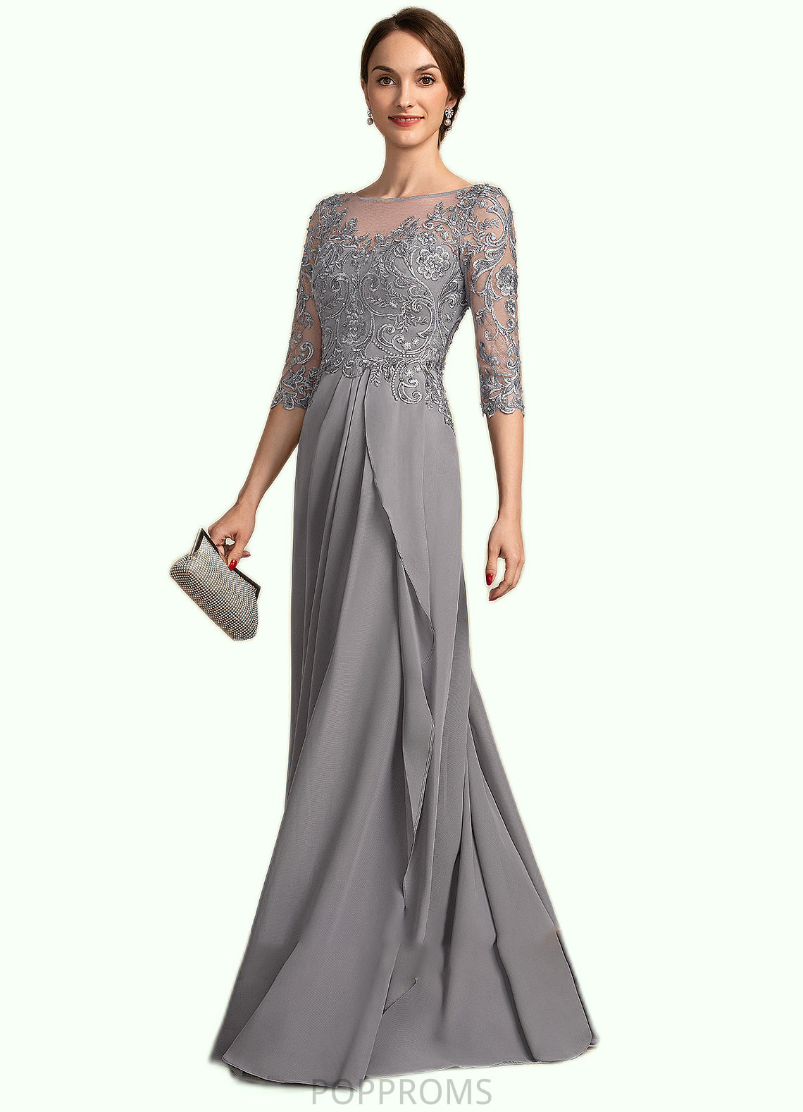 Jade A-Line Scoop Neck Floor-Length Chiffon Lace Mother of the Bride Dress With Beading Sequins Cascading Ruffles PP6126P0014529