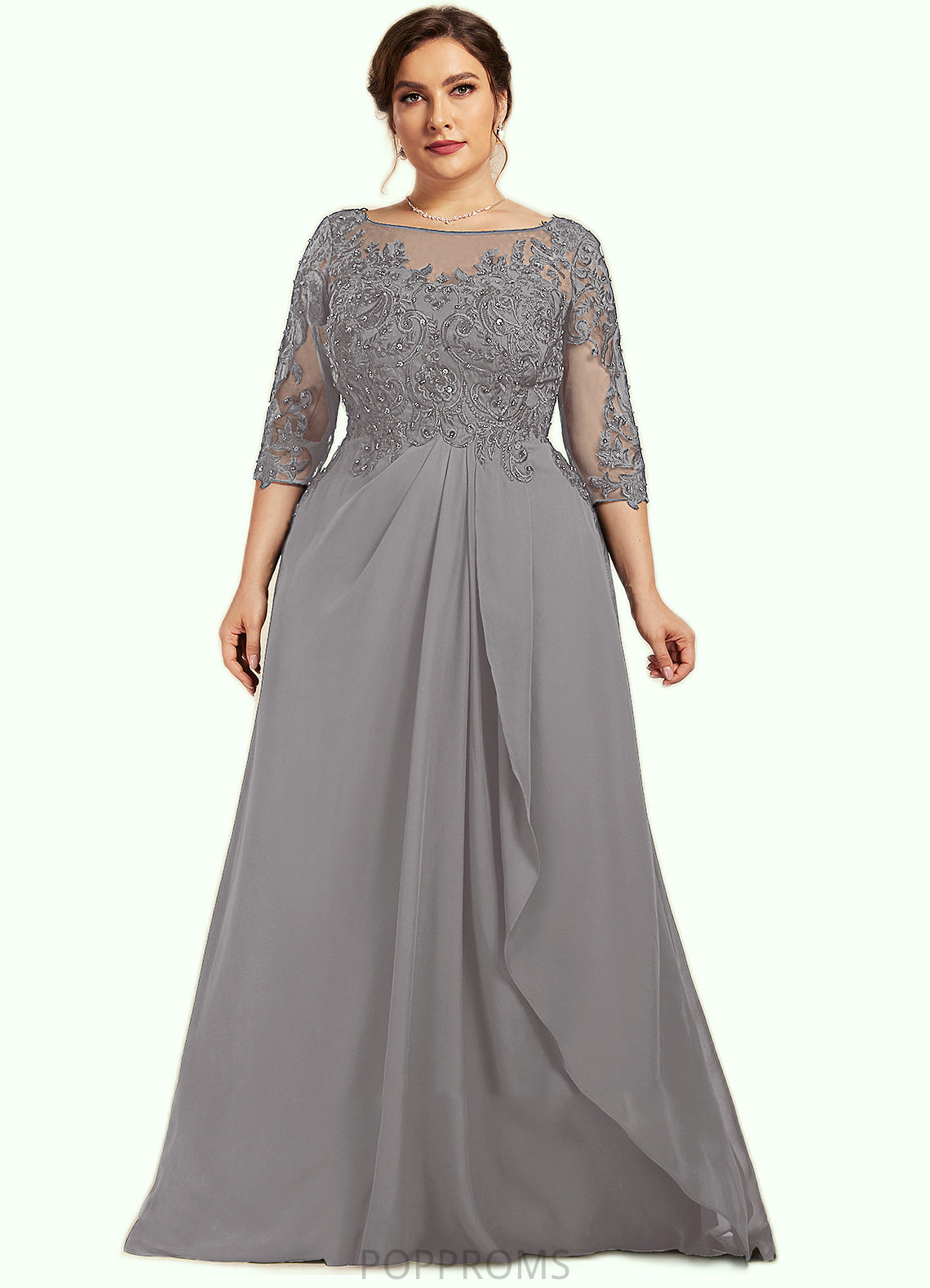 Jade A-Line Scoop Neck Floor-Length Chiffon Lace Mother of the Bride Dress With Beading Sequins Cascading Ruffles PP6126P0014529