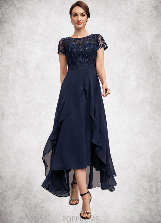 Aubrey A-Line Scoop Neck Asymmetrical Chiffon Lace Mother of the Bride Dress With Sequins Bow(s) Cascading Ruffles PP6126P0014530