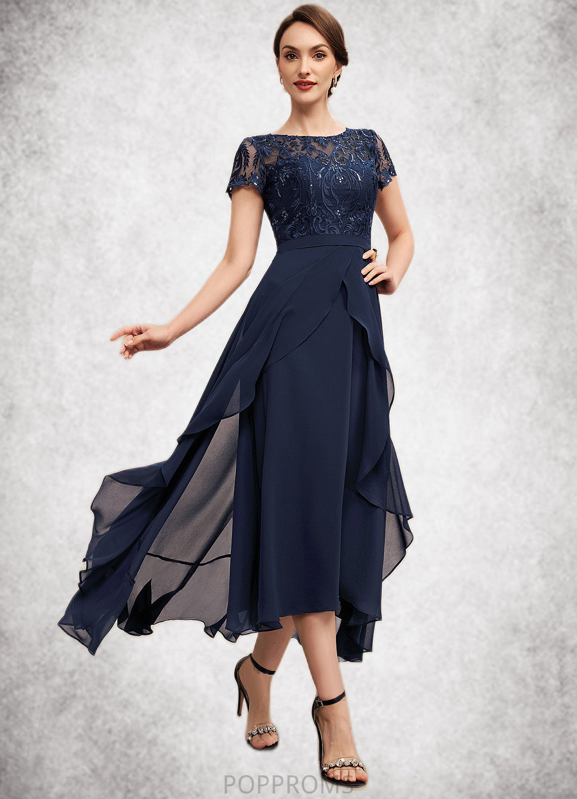 Aubrey A-Line Scoop Neck Asymmetrical Chiffon Lace Mother of the Bride Dress With Sequins Bow(s) Cascading Ruffles PP6126P0014530