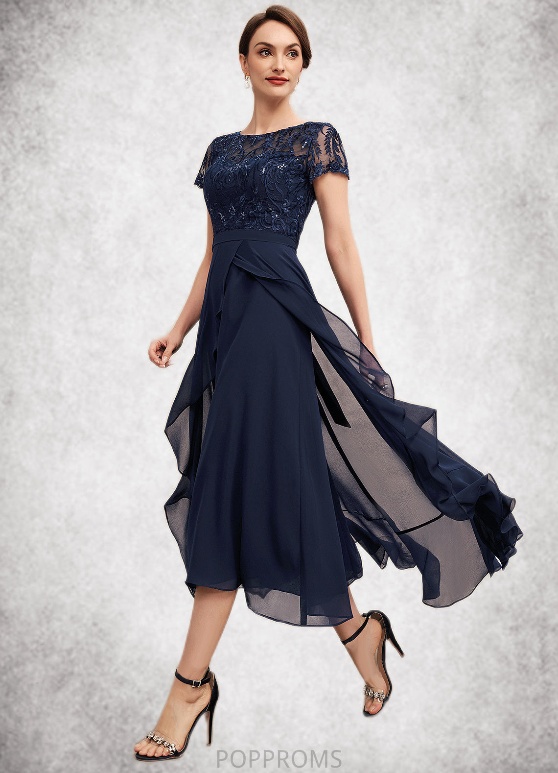 Aubrey A-Line Scoop Neck Asymmetrical Chiffon Lace Mother of the Bride Dress With Sequins Bow(s) Cascading Ruffles PP6126P0014530