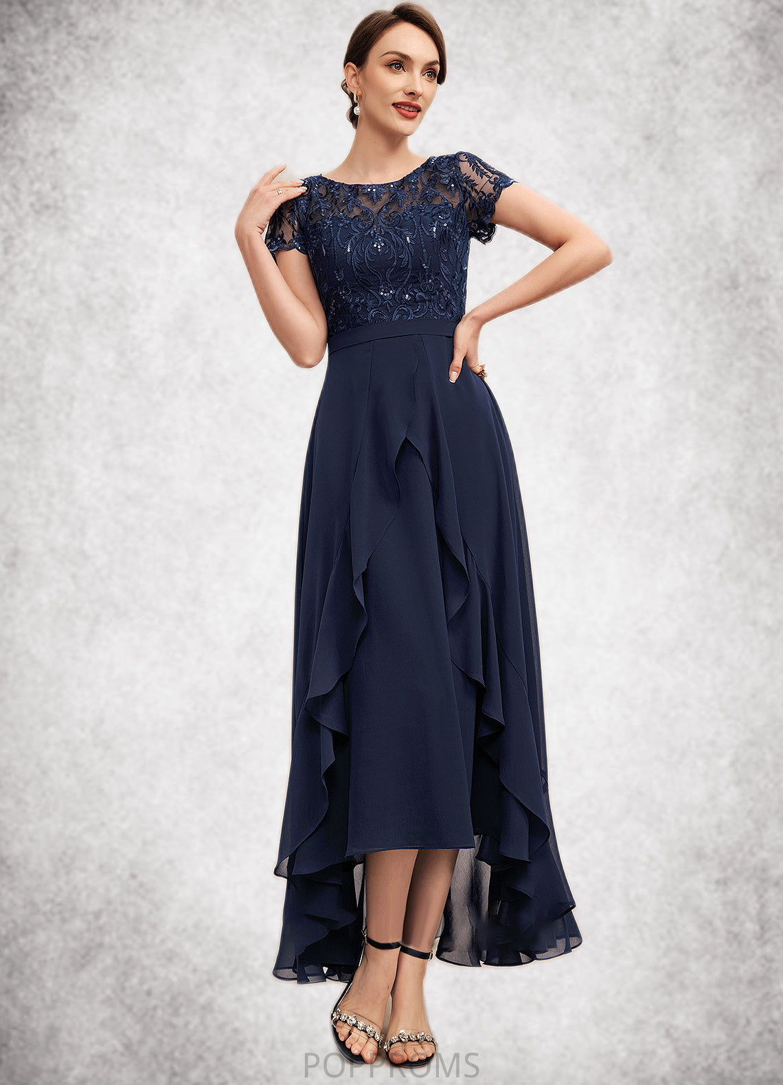 Aubrey A-Line Scoop Neck Asymmetrical Chiffon Lace Mother of the Bride Dress With Sequins Bow(s) Cascading Ruffles PP6126P0014530