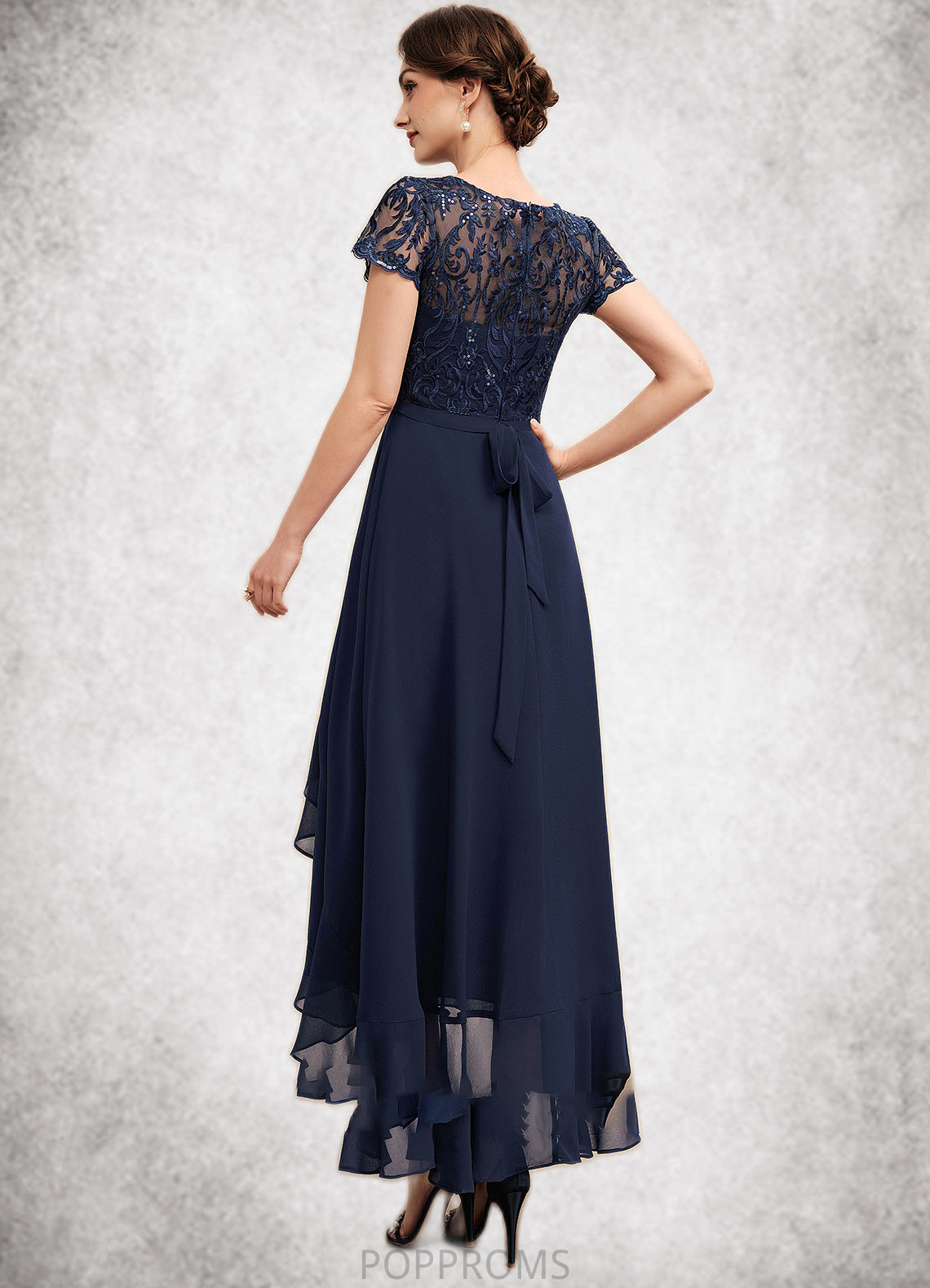 Aubrey A-Line Scoop Neck Asymmetrical Chiffon Lace Mother of the Bride Dress With Sequins Bow(s) Cascading Ruffles PP6126P0014530