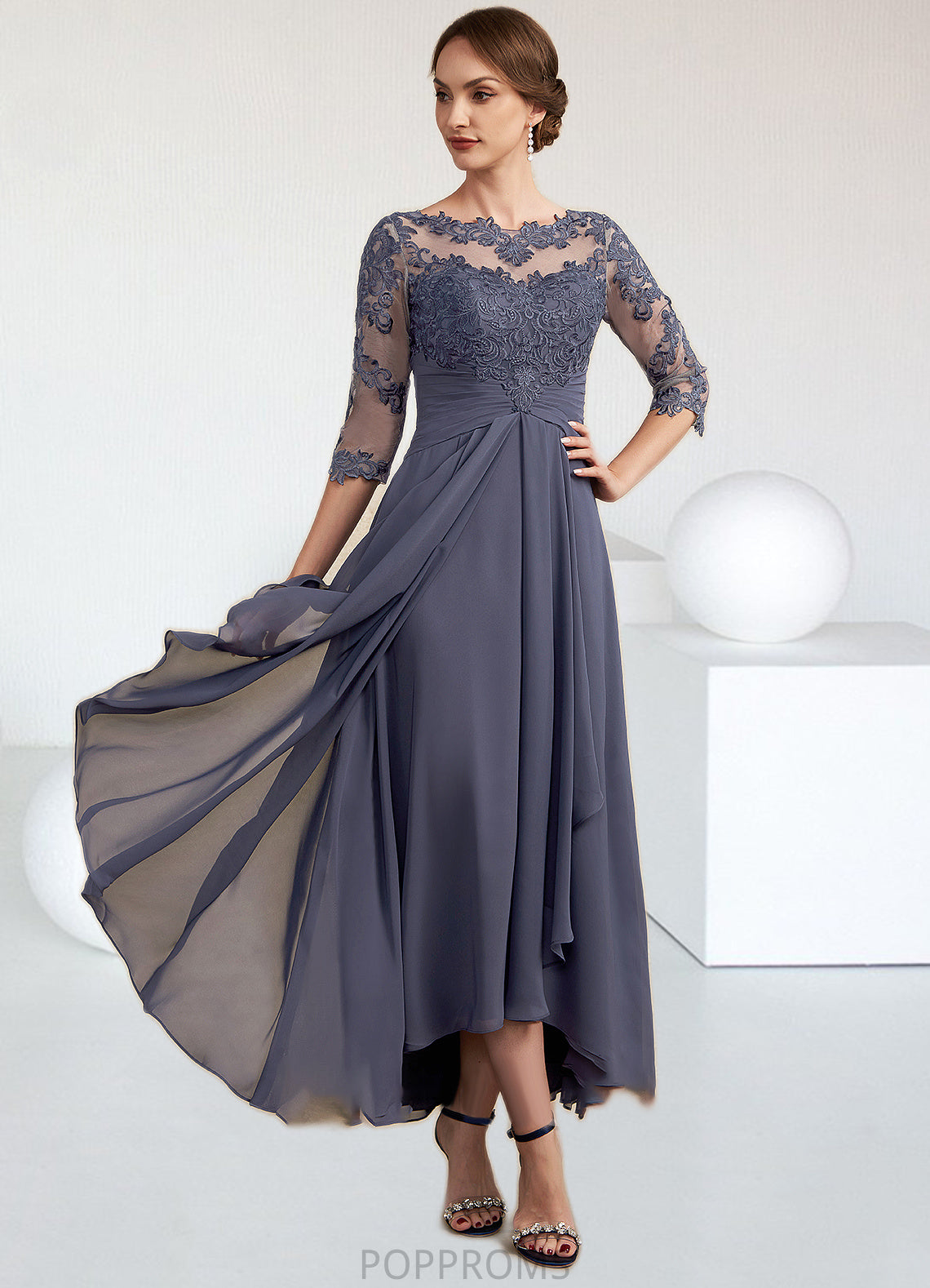 Hannah A-Line Scoop Neck Asymmetrical Chiffon Lace Mother of the Bride Dress With Ruffle PP6126P0014531