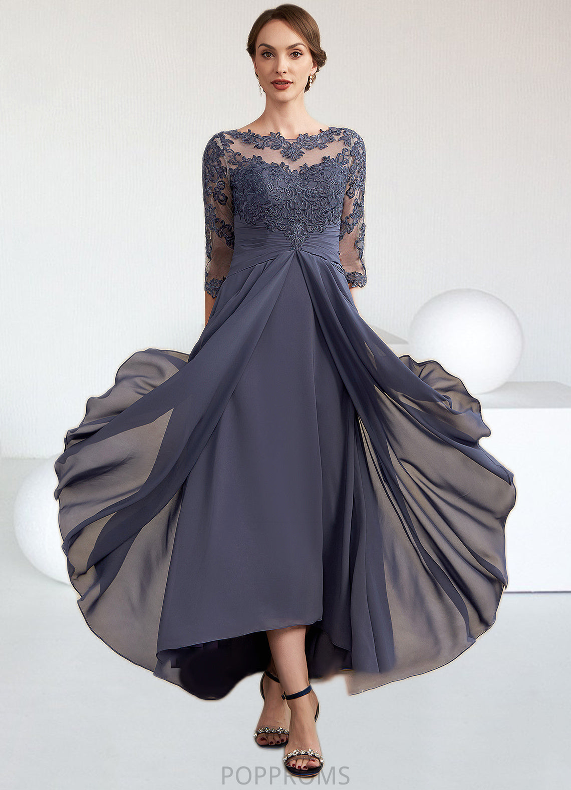 Hannah A-Line Scoop Neck Asymmetrical Chiffon Lace Mother of the Bride Dress With Ruffle PP6126P0014531