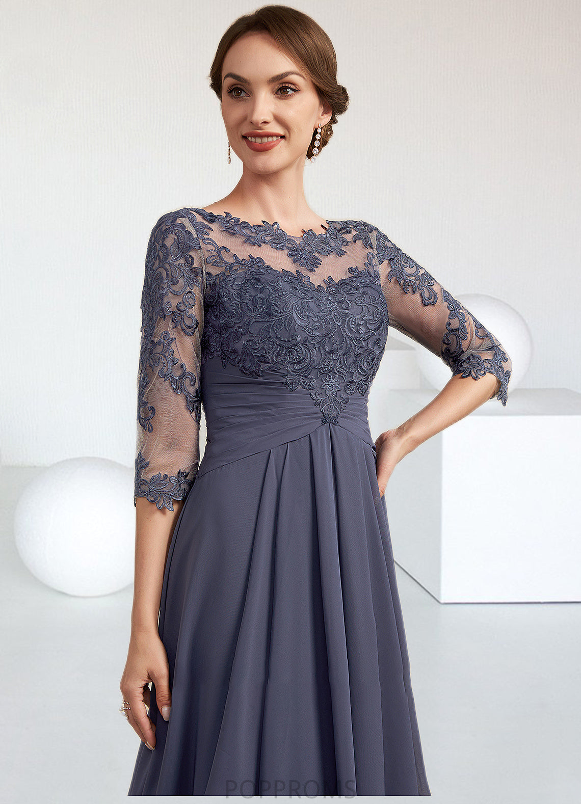 Hannah A-Line Scoop Neck Asymmetrical Chiffon Lace Mother of the Bride Dress With Ruffle PP6126P0014531