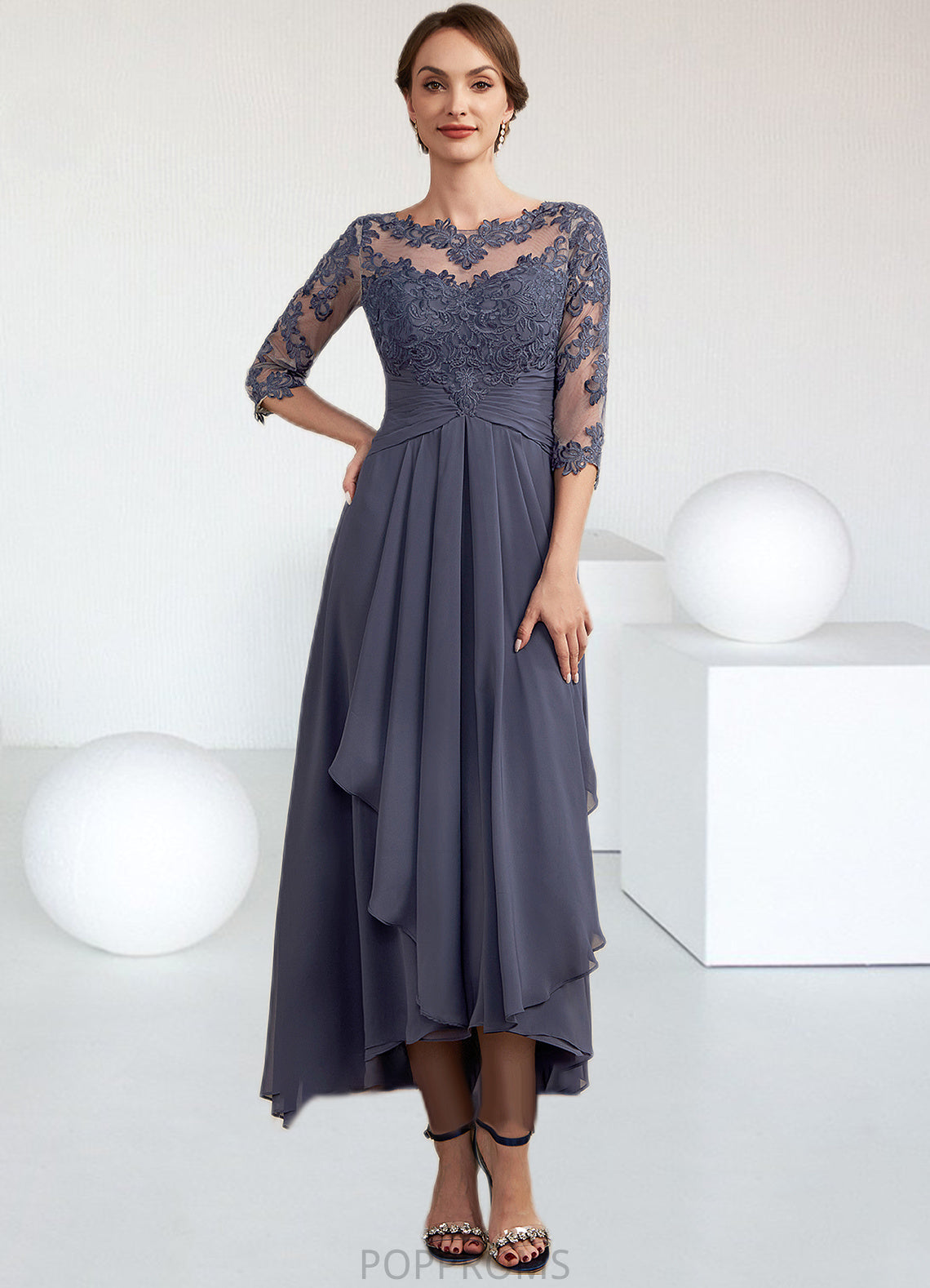 Hannah A-Line Scoop Neck Asymmetrical Chiffon Lace Mother of the Bride Dress With Ruffle PP6126P0014531