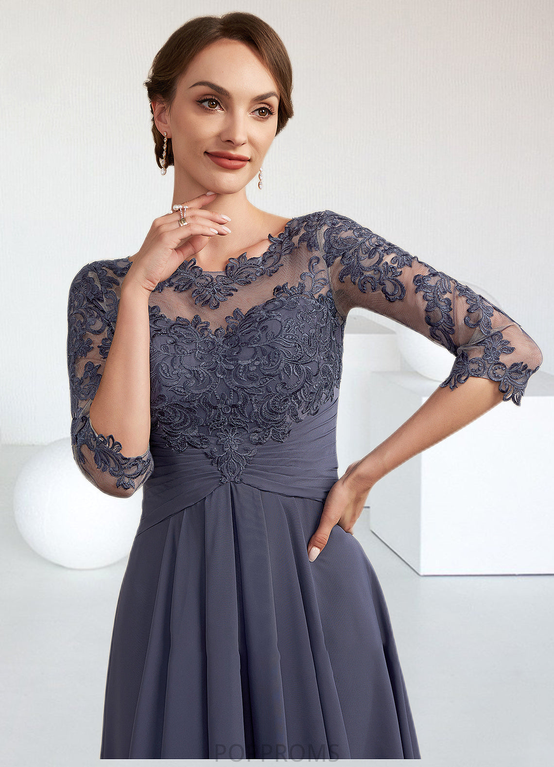 Hannah A-Line Scoop Neck Asymmetrical Chiffon Lace Mother of the Bride Dress With Ruffle PP6126P0014531