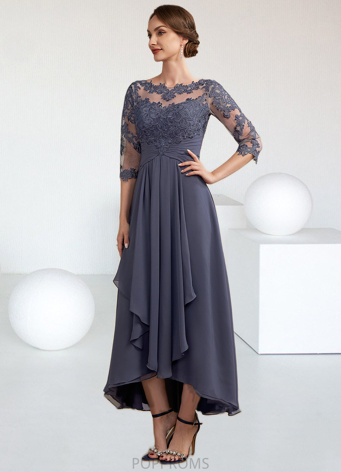 Hannah A-Line Scoop Neck Asymmetrical Chiffon Lace Mother of the Bride Dress With Ruffle PP6126P0014531