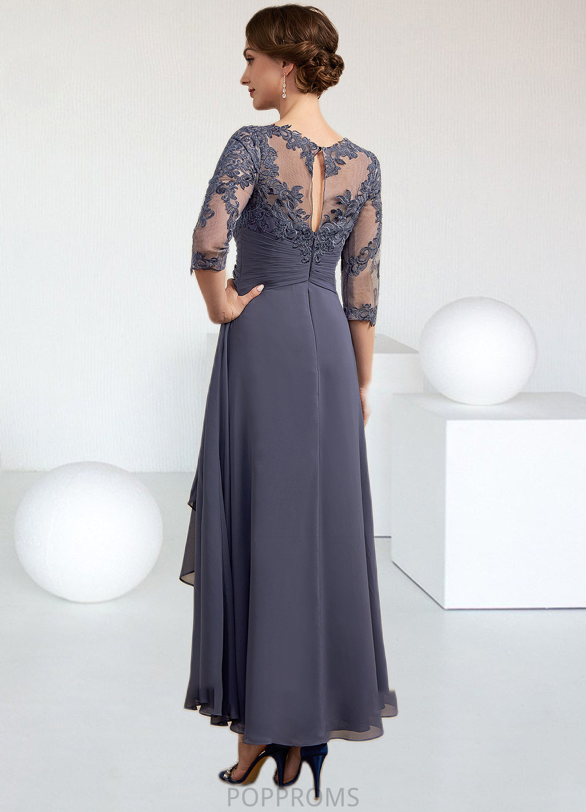 Hannah A-Line Scoop Neck Asymmetrical Chiffon Lace Mother of the Bride Dress With Ruffle PP6126P0014531