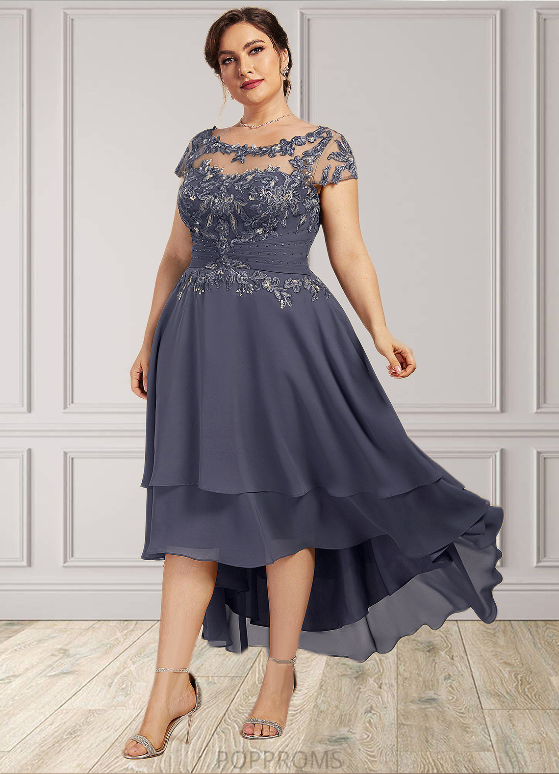 Eileen A-Line Scoop Neck Asymmetrical Chiffon Lace Mother of the Bride Dress With Beading PP6126P0014534