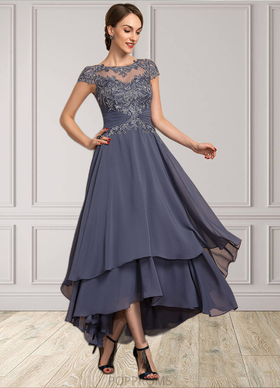 Eileen A-Line Scoop Neck Asymmetrical Chiffon Lace Mother of the Bride Dress With Beading PP6126P0014534