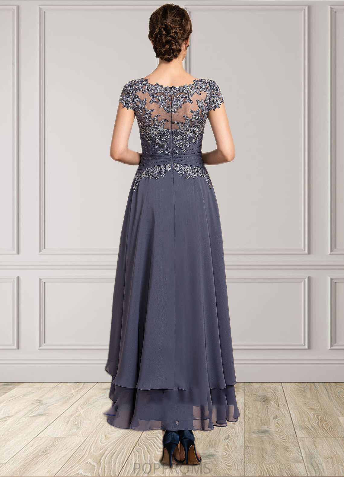 Eileen A-Line Scoop Neck Asymmetrical Chiffon Lace Mother of the Bride Dress With Beading PP6126P0014534