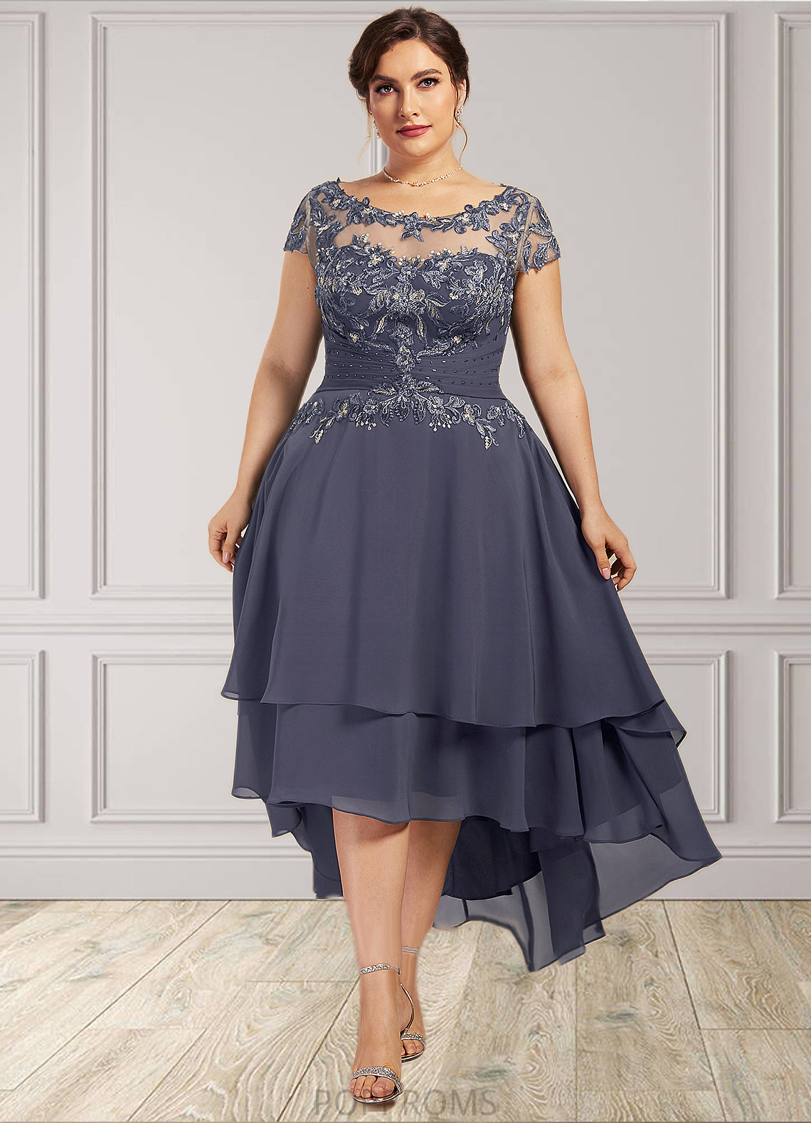 Eileen A-Line Scoop Neck Asymmetrical Chiffon Lace Mother of the Bride Dress With Beading PP6126P0014534