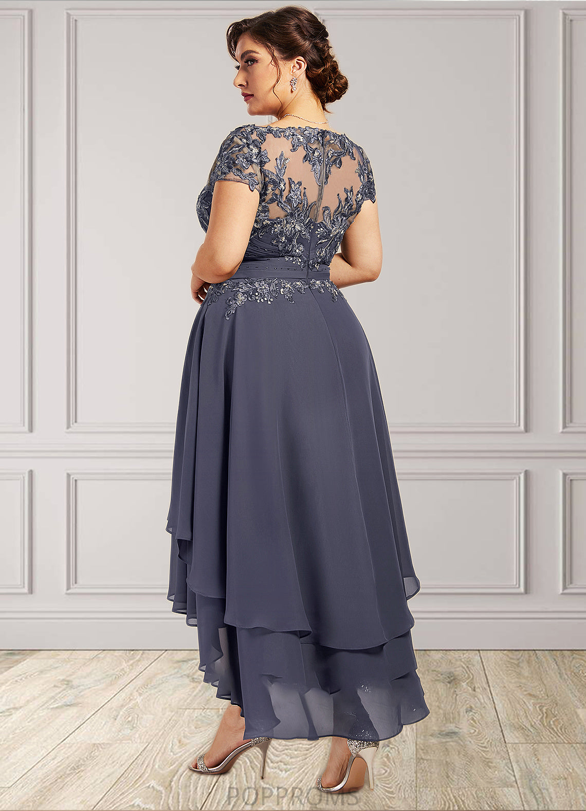 Eileen A-Line Scoop Neck Asymmetrical Chiffon Lace Mother of the Bride Dress With Beading PP6126P0014534