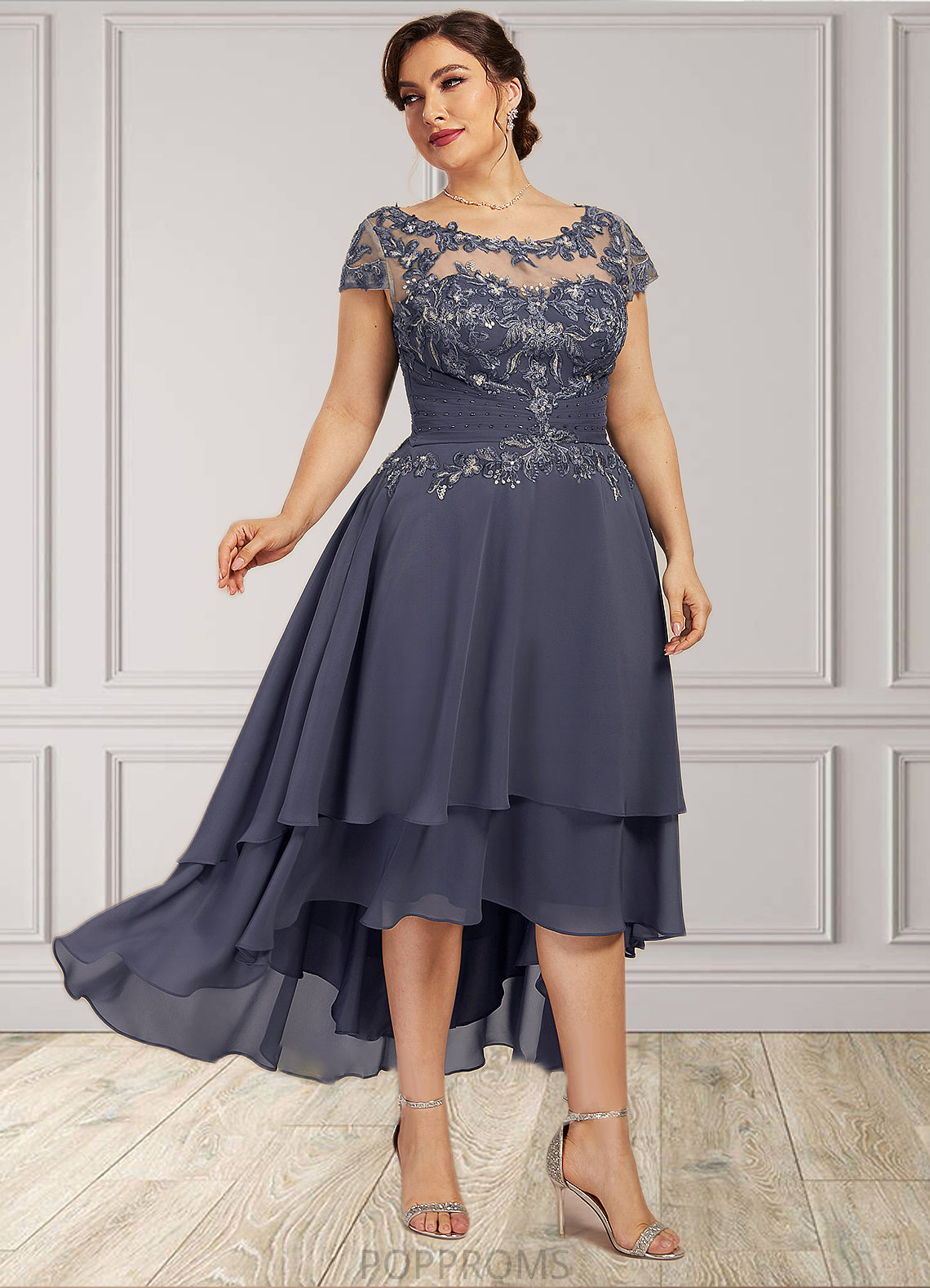 Eileen A-Line Scoop Neck Asymmetrical Chiffon Lace Mother of the Bride Dress With Beading PP6126P0014534