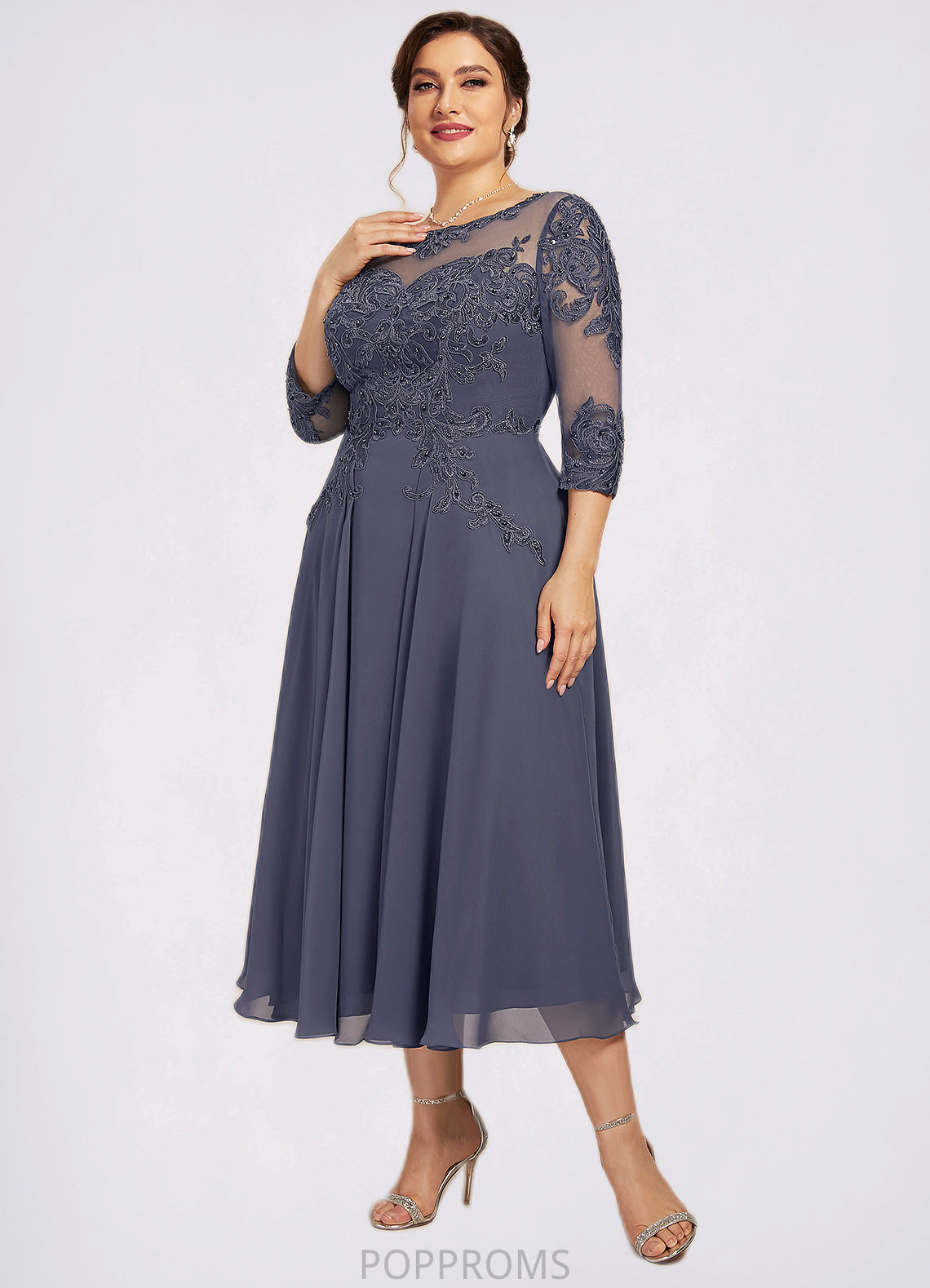 Katelynn A-Line Scoop Neck Tea-Length Chiffon Lace Mother of the Bride Dress With Beading Sequins PP6126P0014535