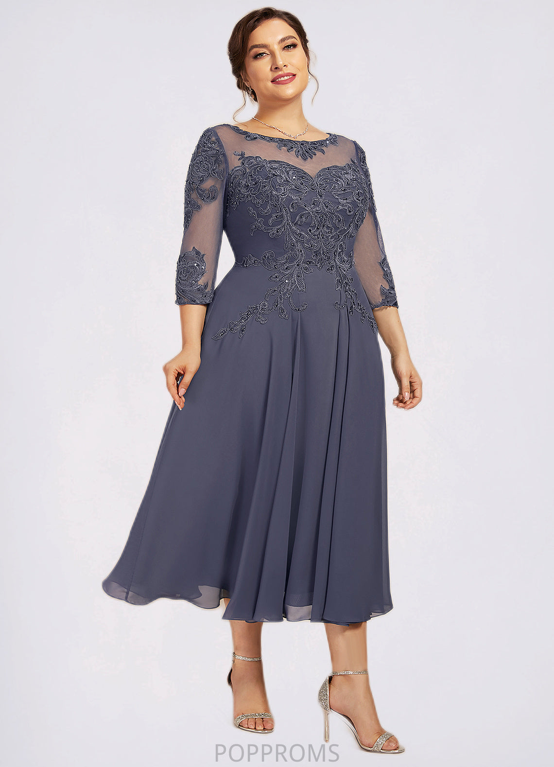 Katelynn A-Line Scoop Neck Tea-Length Chiffon Lace Mother of the Bride Dress With Beading Sequins PP6126P0014535