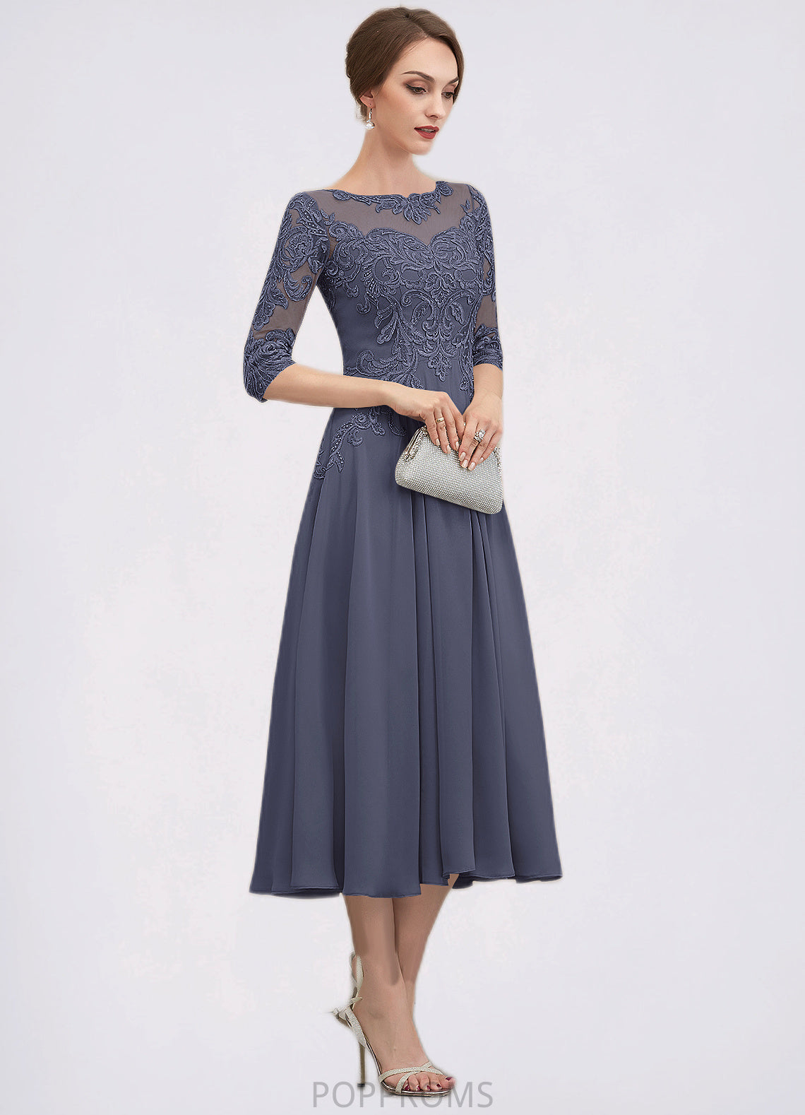 Katelynn A-Line Scoop Neck Tea-Length Chiffon Lace Mother of the Bride Dress With Beading Sequins PP6126P0014535