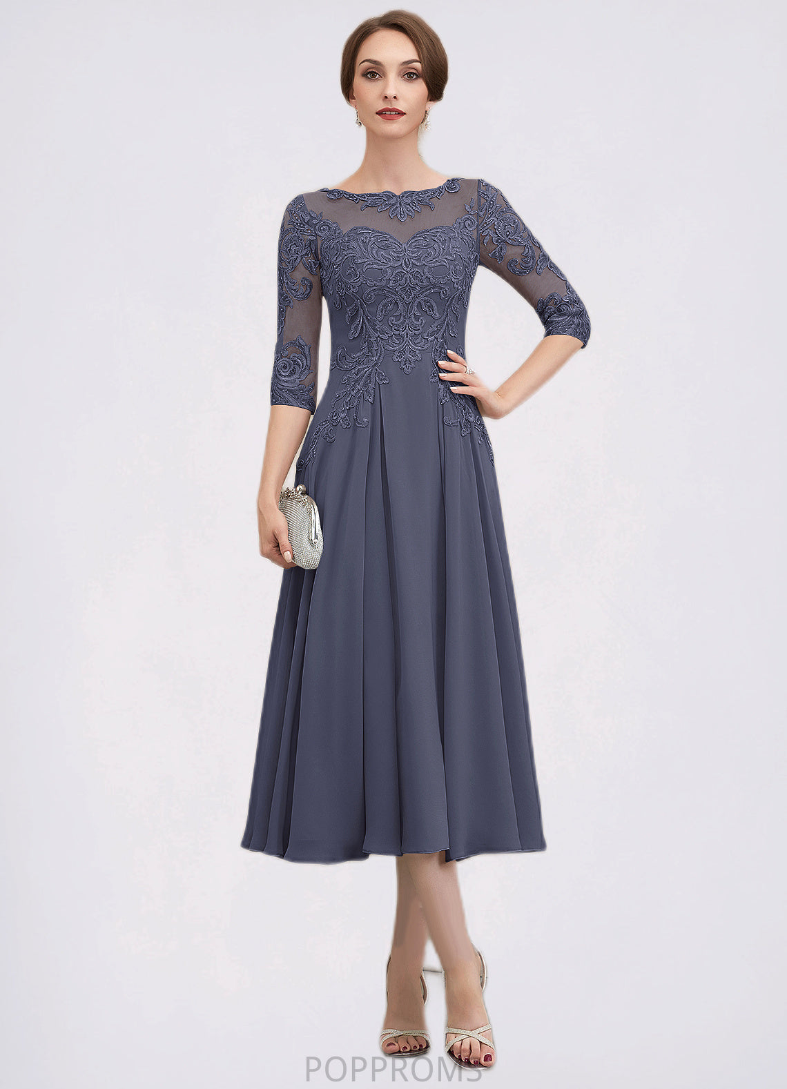 Katelynn A-Line Scoop Neck Tea-Length Chiffon Lace Mother of the Bride Dress With Beading Sequins PP6126P0014535