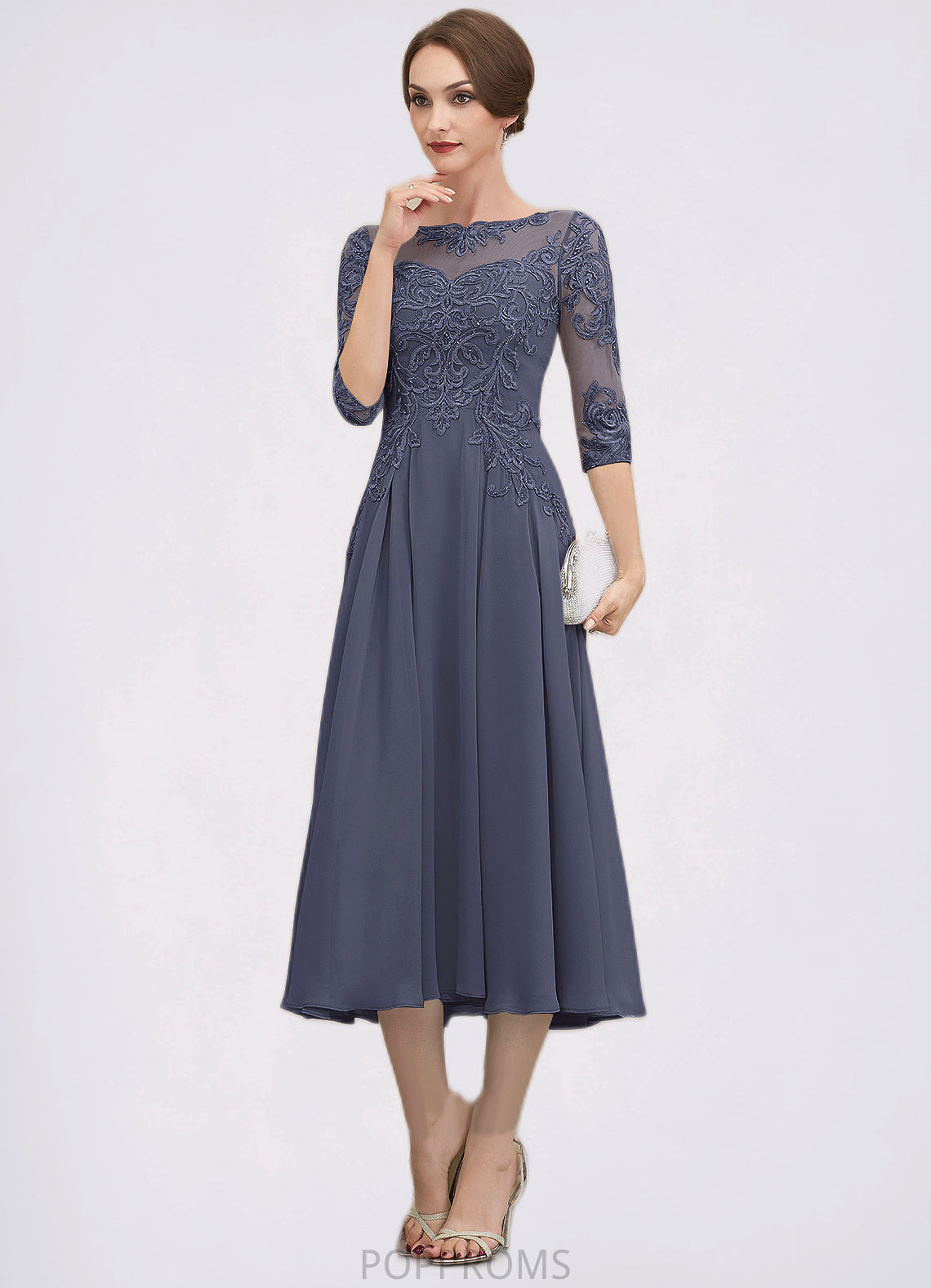 Katelynn A-Line Scoop Neck Tea-Length Chiffon Lace Mother of the Bride Dress With Beading Sequins PP6126P0014535