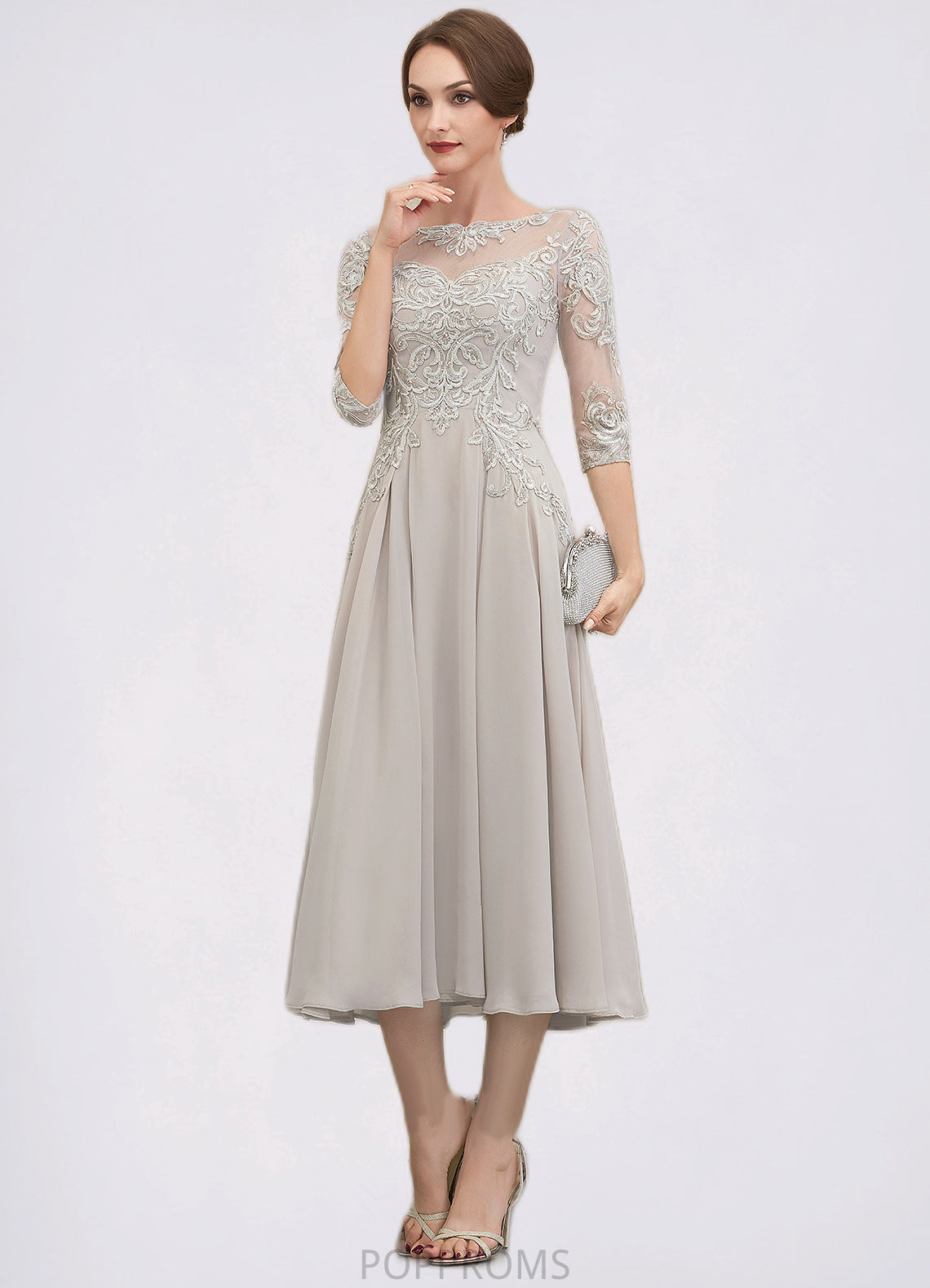 Katelynn A-Line Scoop Neck Tea-Length Chiffon Lace Mother of the Bride Dress With Beading Sequins PP6126P0014535