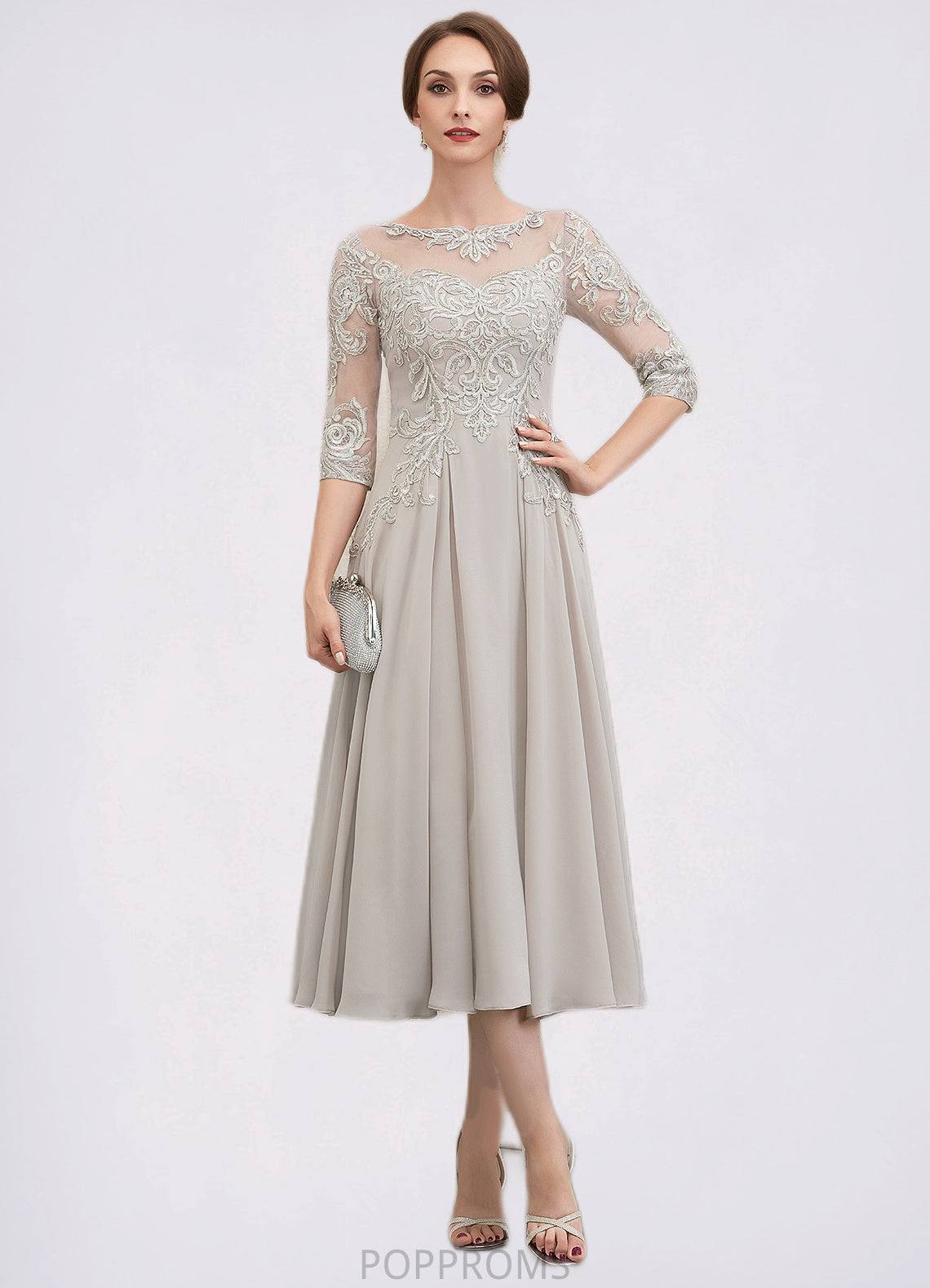 Katelynn A-Line Scoop Neck Tea-Length Chiffon Lace Mother of the Bride Dress With Beading Sequins PP6126P0014535